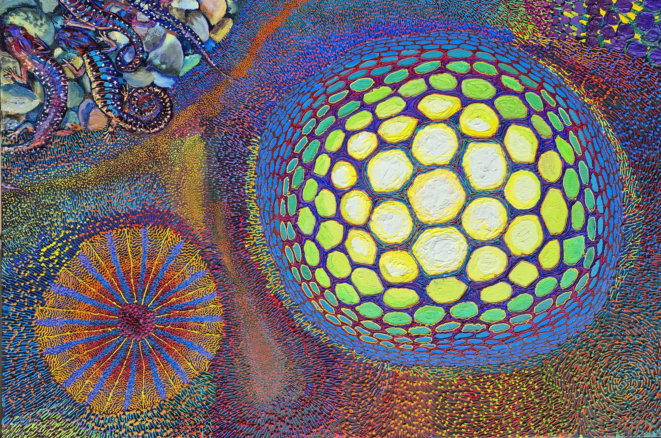   Patrick Marquis    Mold, Fungus, and Salamanders , 2024  Oil on canvas   Description:  My painting includes the image of arboreal salamander, native to California, that I discovered living on my patio   Artist background:  Website/  patrickmarquis.