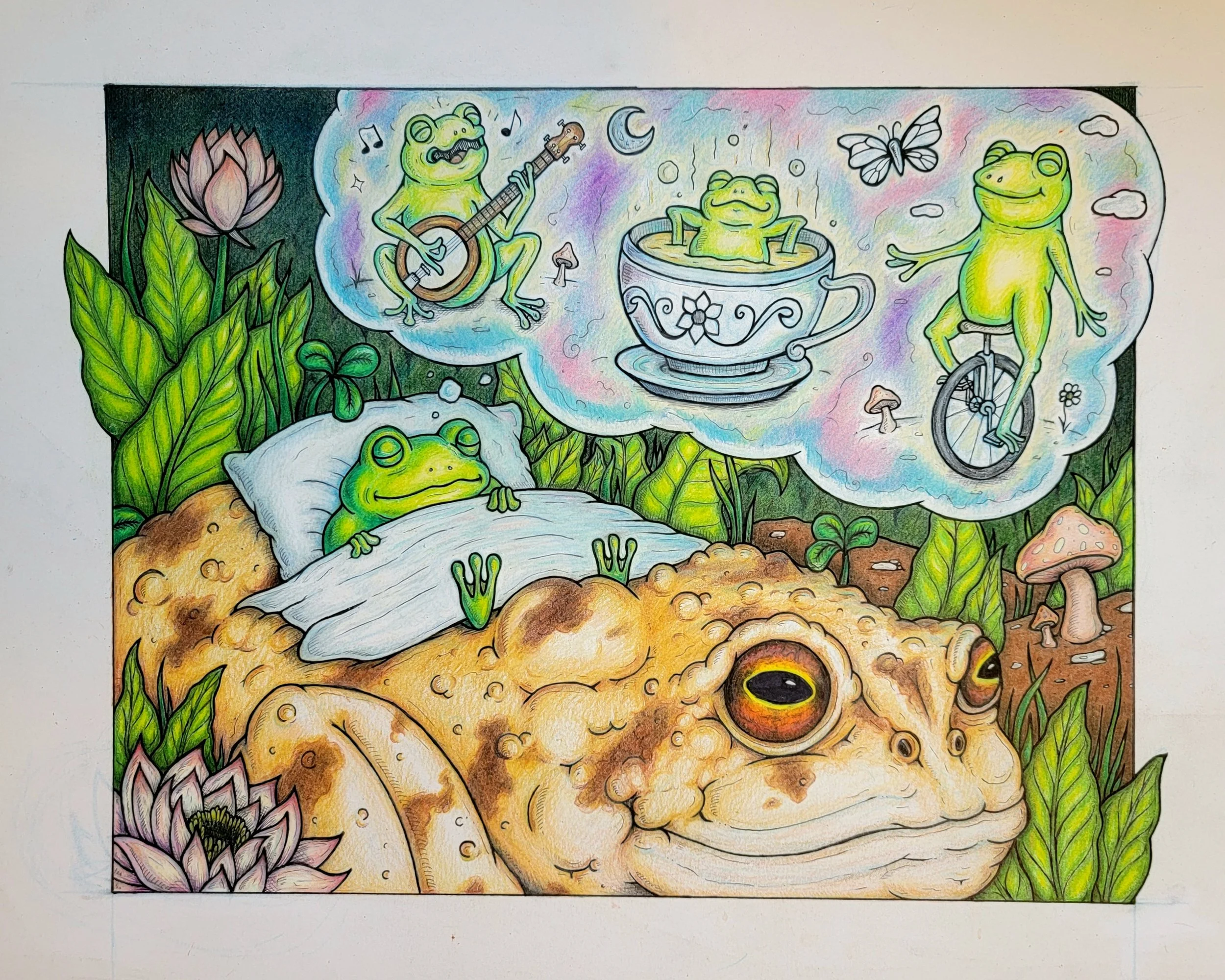   Robert Firestone    Frog Dreams , 2026  Colored pencil and ink on paper.   Description:  This piece was drawn for Frog Fest! It was inspired by falling asleep to the sound of coqui frogs in Hawaii.   Artist background:  Animator who loves frogs. 