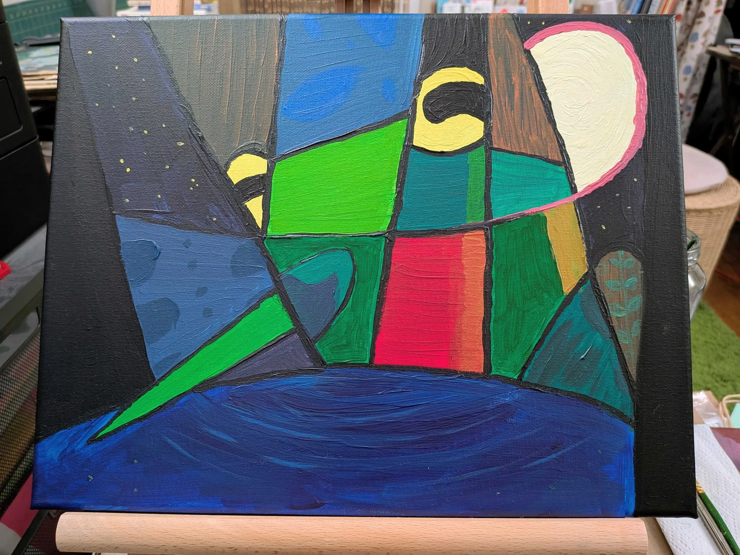   Finn Ellis    Grenouille et lune , 2026  Acrylic and nail polish on canvas   Description:  A perfect rendering of a material frog is trivial to find in the modern age. This image instead considers frogs in all their variety; different facets of a s