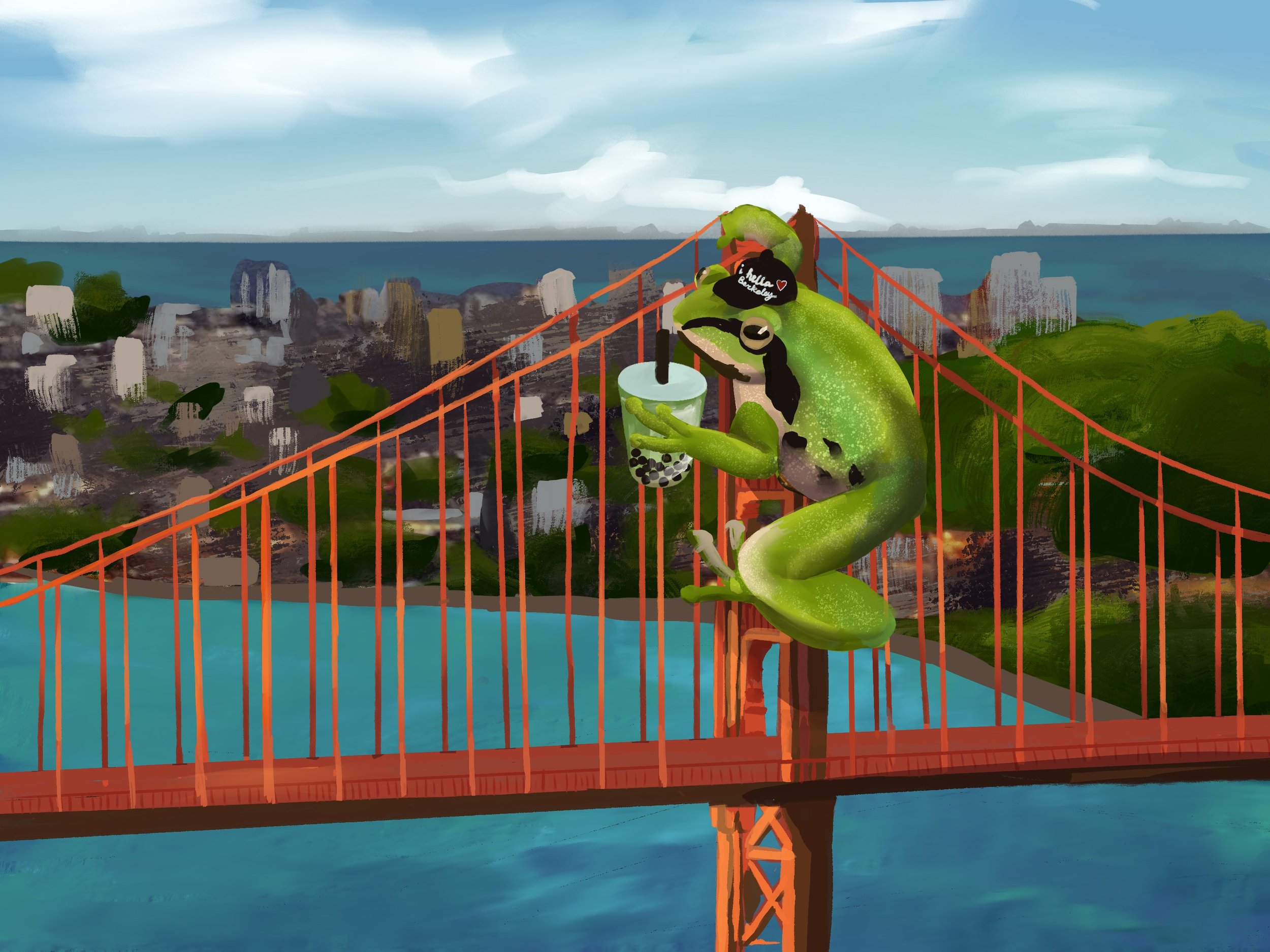   Evani Snyder    Untitled   Digital with some collage elements   Description : My drawing is of a giant version of the Sierran Treefrog, a species native to the California Bay Area, on top of the Golden Gate Bridge immersed in some classic Bay merch