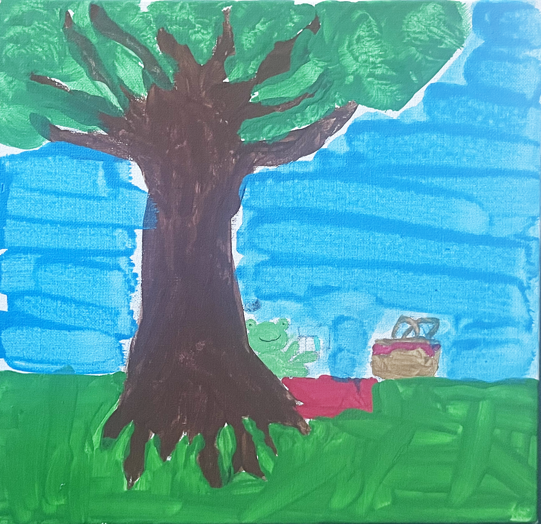  Aria  (9 years old)   "It's a frog sitting in the corner like I like to feel sometimes, away from the noise and away from the people." , 2026  Canvas and paint   Description:  It's a frog sitting under a tree 