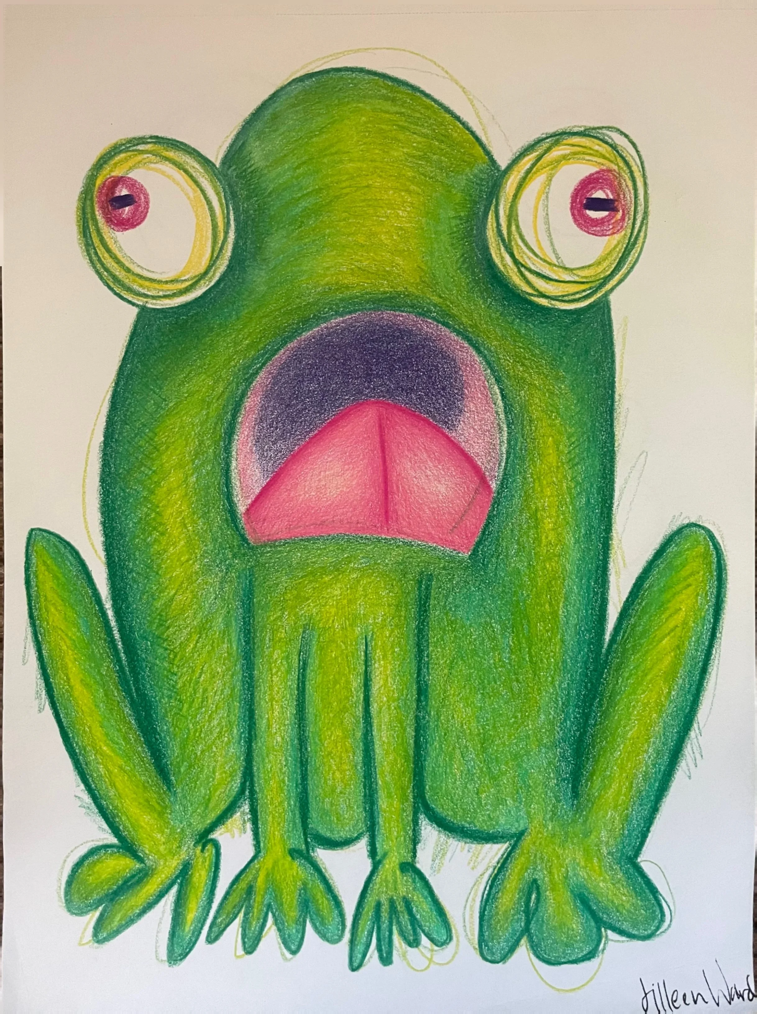   Jilleen Ward    Frog Has Seen Some Things You Wouldn't Believe , 2026  Colored pencils, paper   Description:  My drawing is of a frog. It's a frog that I've been drawing a lot lately--each version always slightly tweaked from the last. I have some 