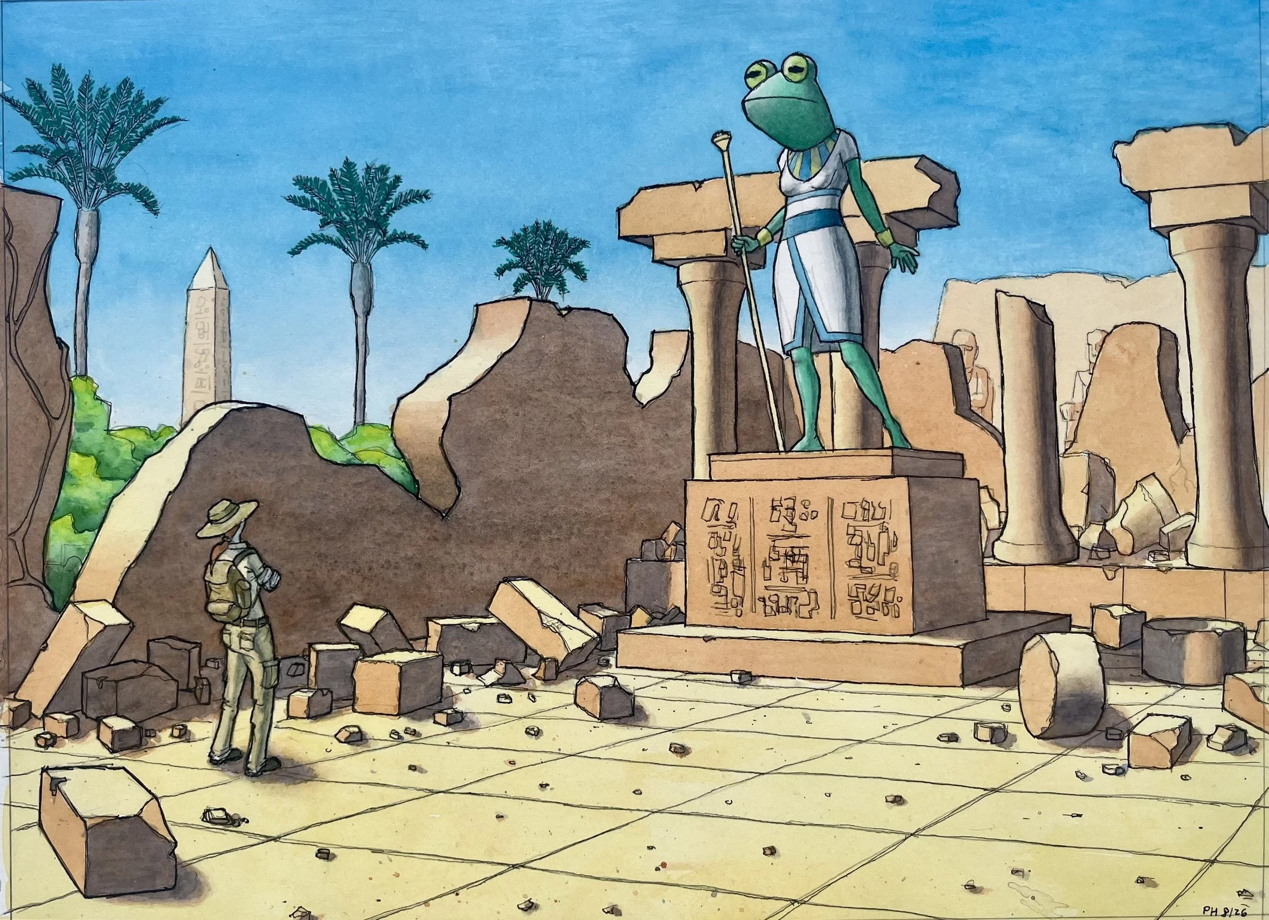  Patrick Hynes   In search of the Frog Goddess , 2026  watercolor and ink on paper   Description:  This piece references the Egyptian frog goddess Heqet, a woman with a frog's head. She was associated with birth and resurrection, likely because the E