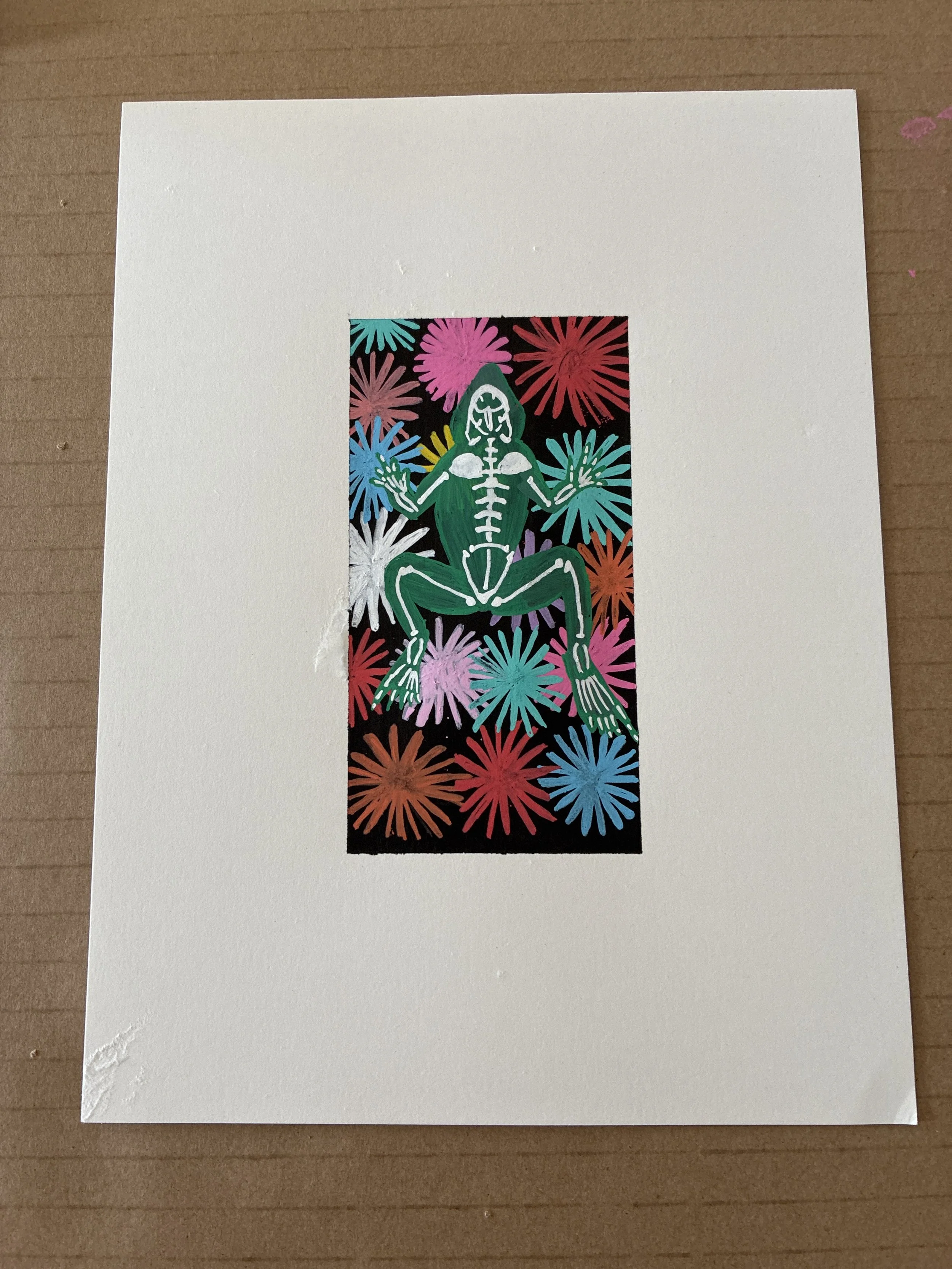   Acelia    Bones , 2026  Acrylic on paper   Description:  Artistic rendering of a frog skeleton 