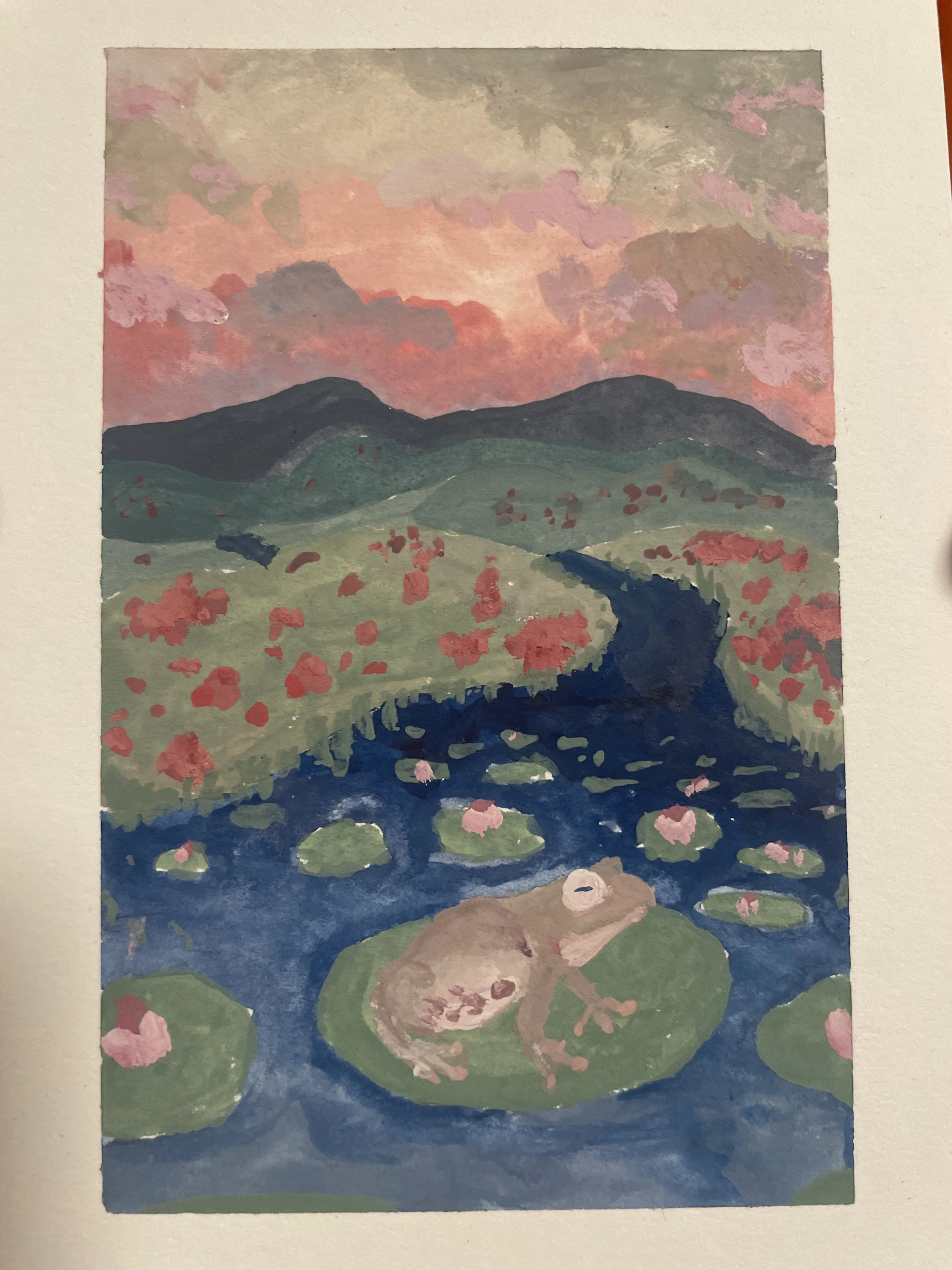   Isaac Linn    Untitled , 2021  Gouache   Description:  This art: it has one frog.   Artist background:  Instagram: @trojanpinata 