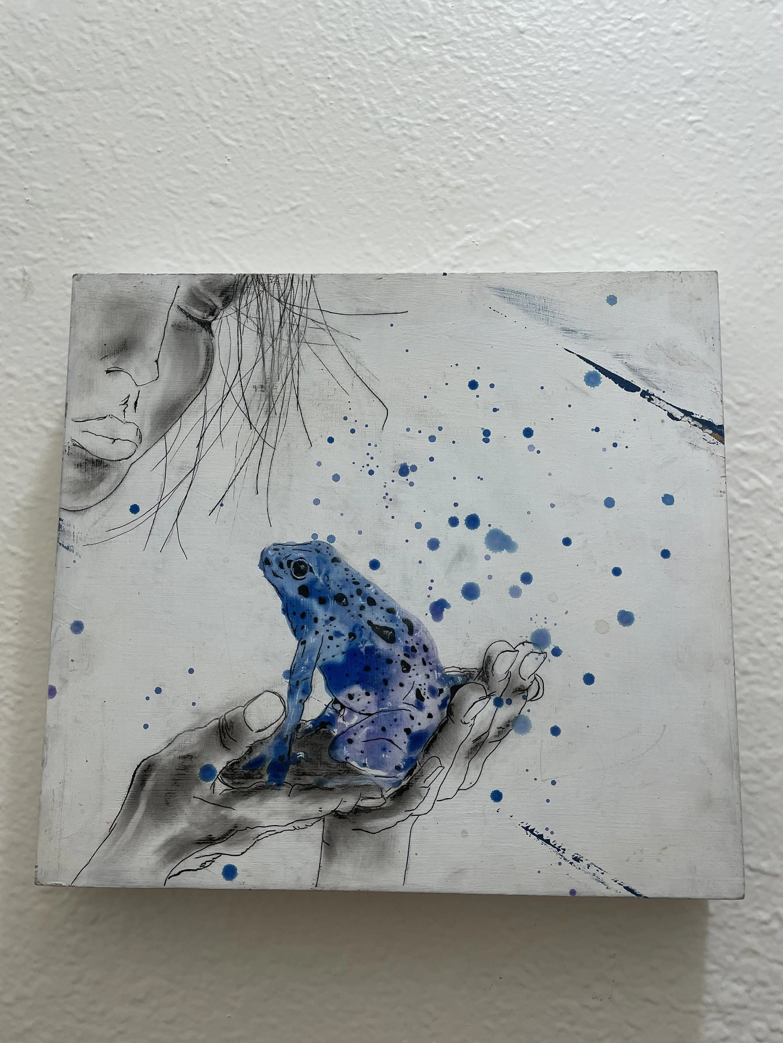   evan asher    things that i left... (far behind) , 2025  Mixed media   Description:  there is a frog in the painting. my work always includes a frog in it.   Artist background:  @moosesharkrhino ask me for a frog sticker 