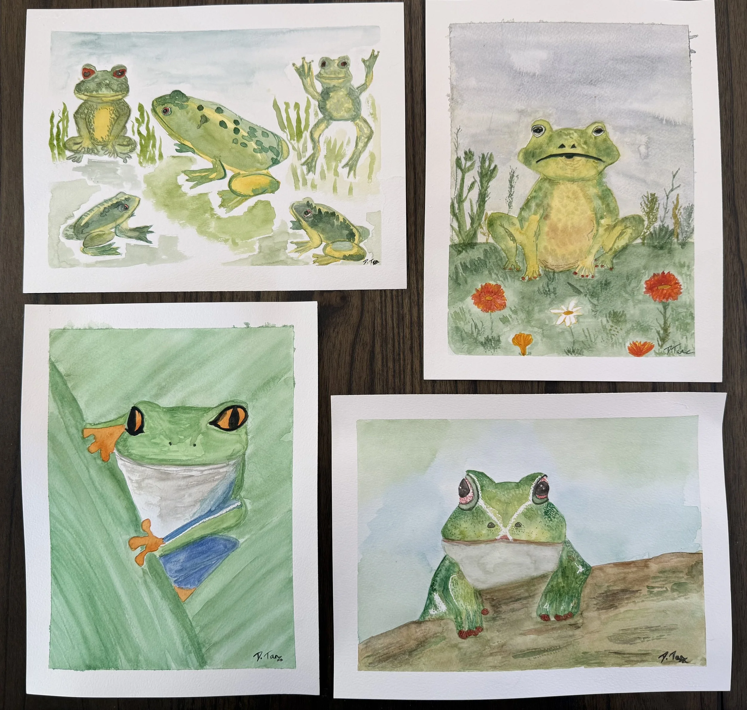   Danielle J. Tan    Small Gods , 2026  Watercolor on paper   Description:  Across these four watercolor studies, frogs emerge as watchful, expressive characters, each possessing its own quiet personality and sense of presence. Loose washes of greens