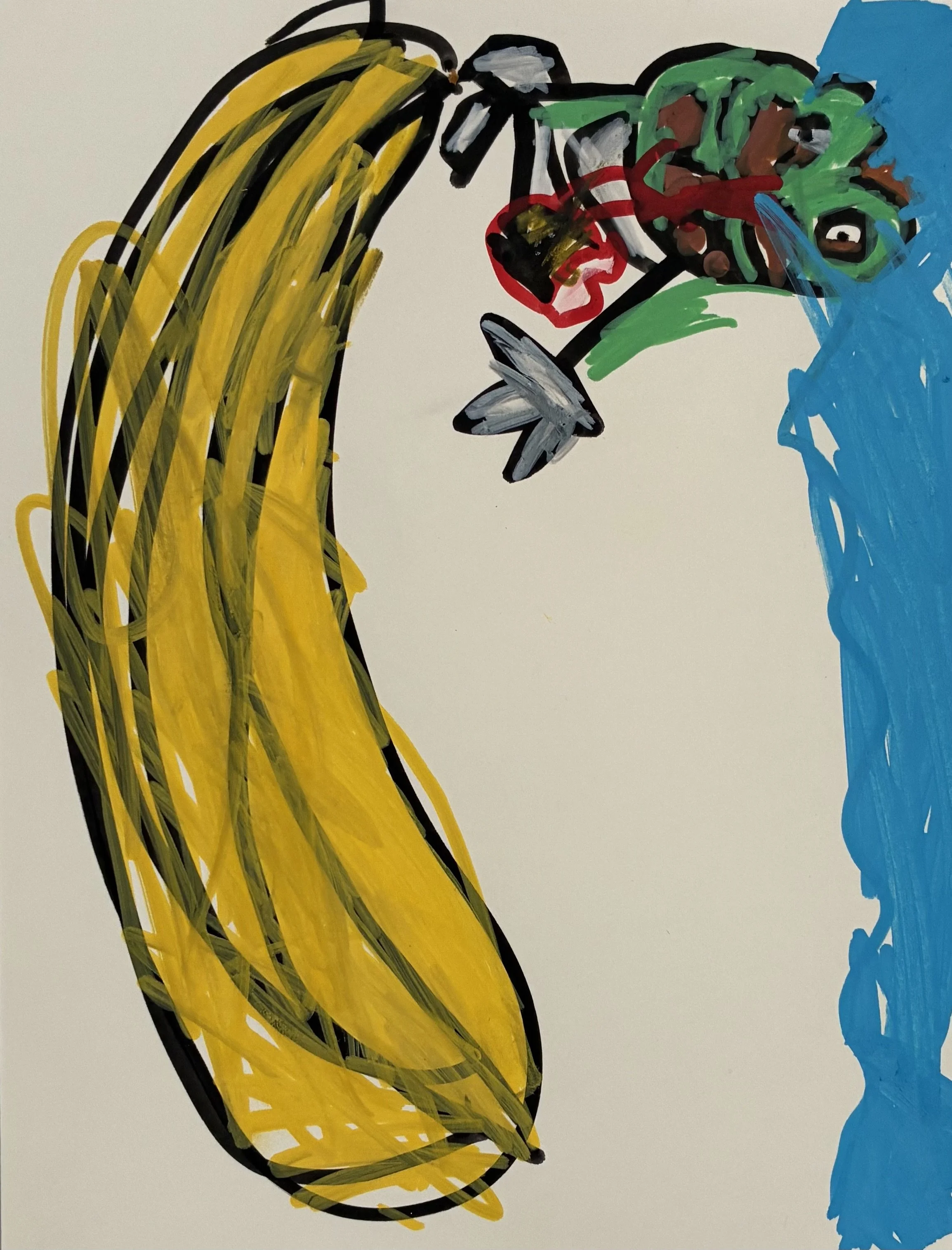   Tarhia  (5 years old)   Froggy , 2026  Acrylic marker on paper   Description:  The banana was at the top of the tree and the frog saw tasted bugs on the banana and that’s why the frog was on the banana 