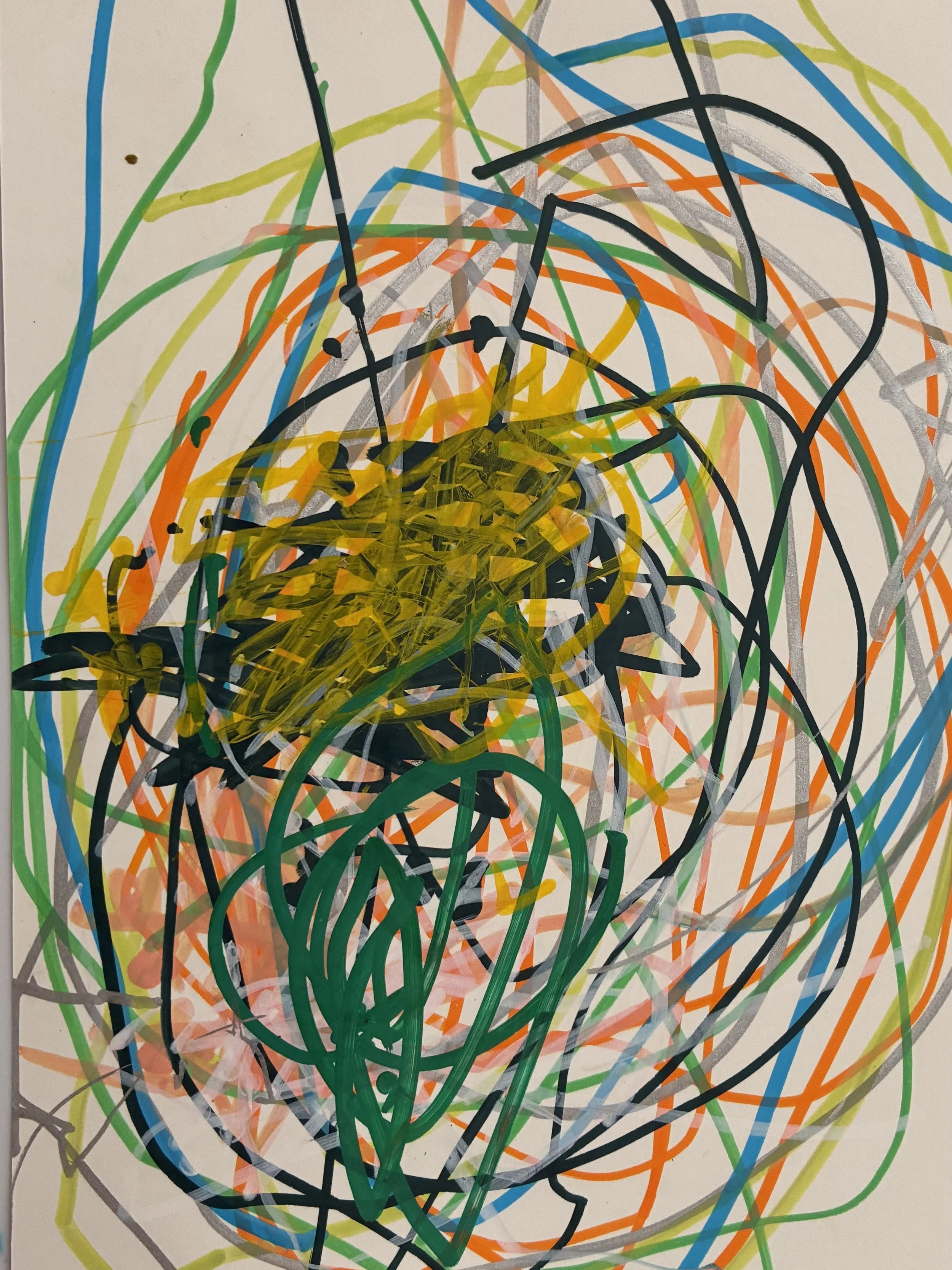   Kani  (2 years old)   ‘Nana , 2026  Acrylic one paper   Description:  The banana is ‘nom’ for the frog. Froggy likes bananas 