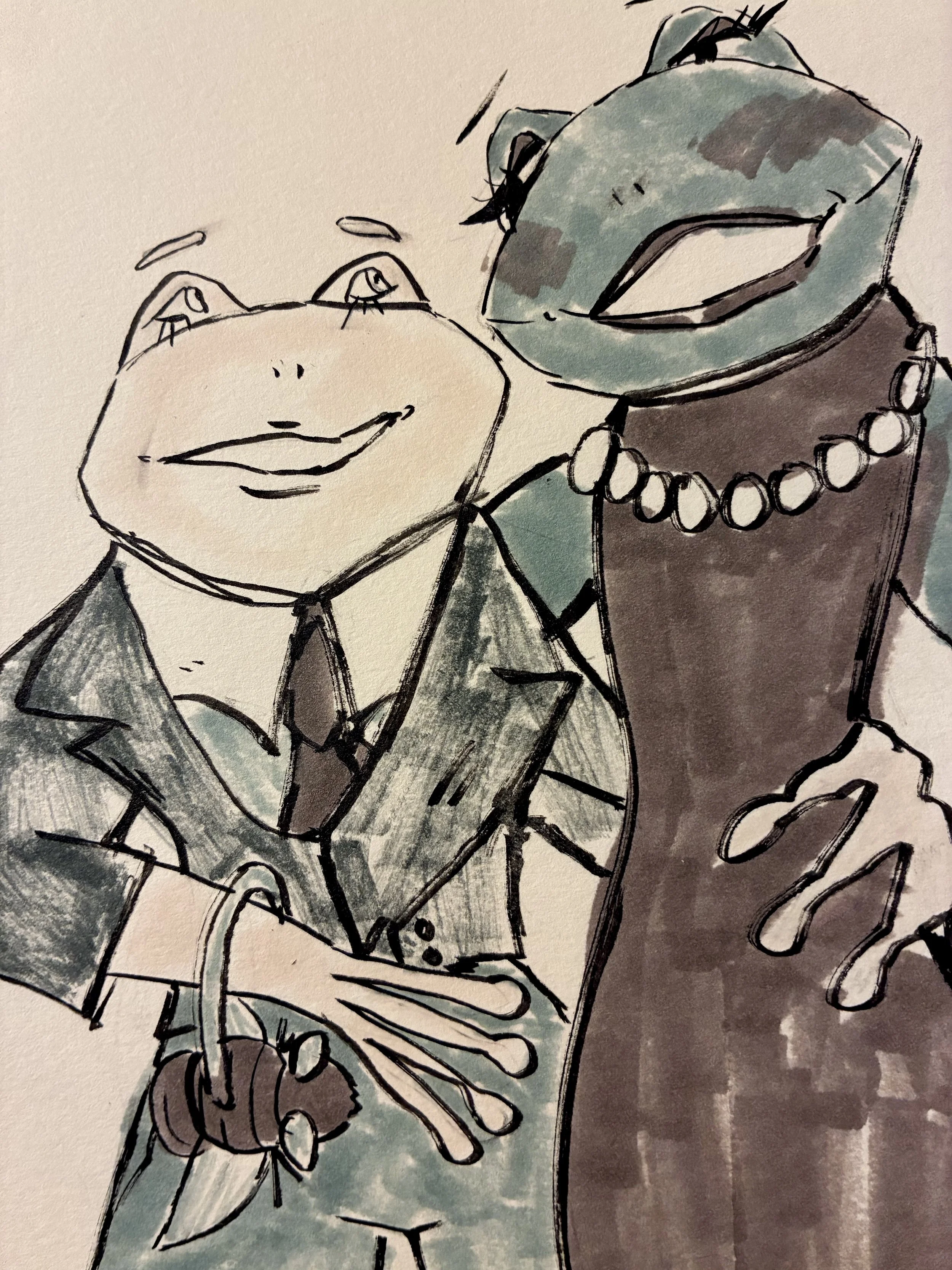   Sarah Goldman    Froggy Date Night , 2025  Pen and paper   Description:  This is a little drawing I made of two frogs on a date night! It made my friends laugh so hopefully it makes you smile too. Frogs also fall in love and go on silly dates (they