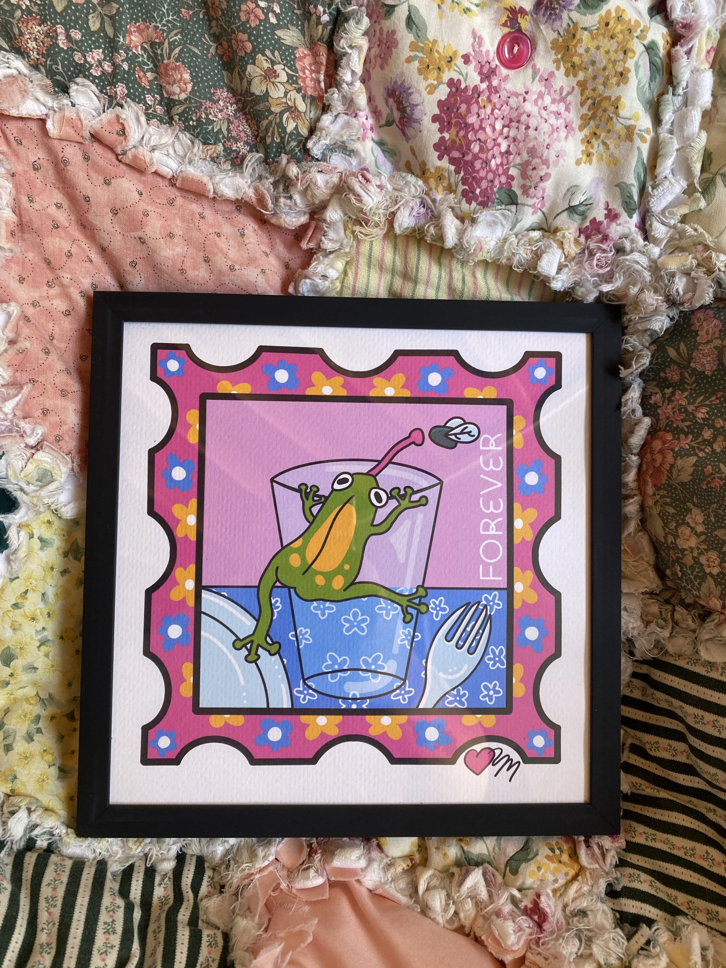   Marlow    Fredrick on the Table , 2026  Digital art, Procreate   Description:  Frogs are cute and deserve all the flies. I would love to keep a frog in my home to eat the flies.   Artist background:   marloooniousart.com  