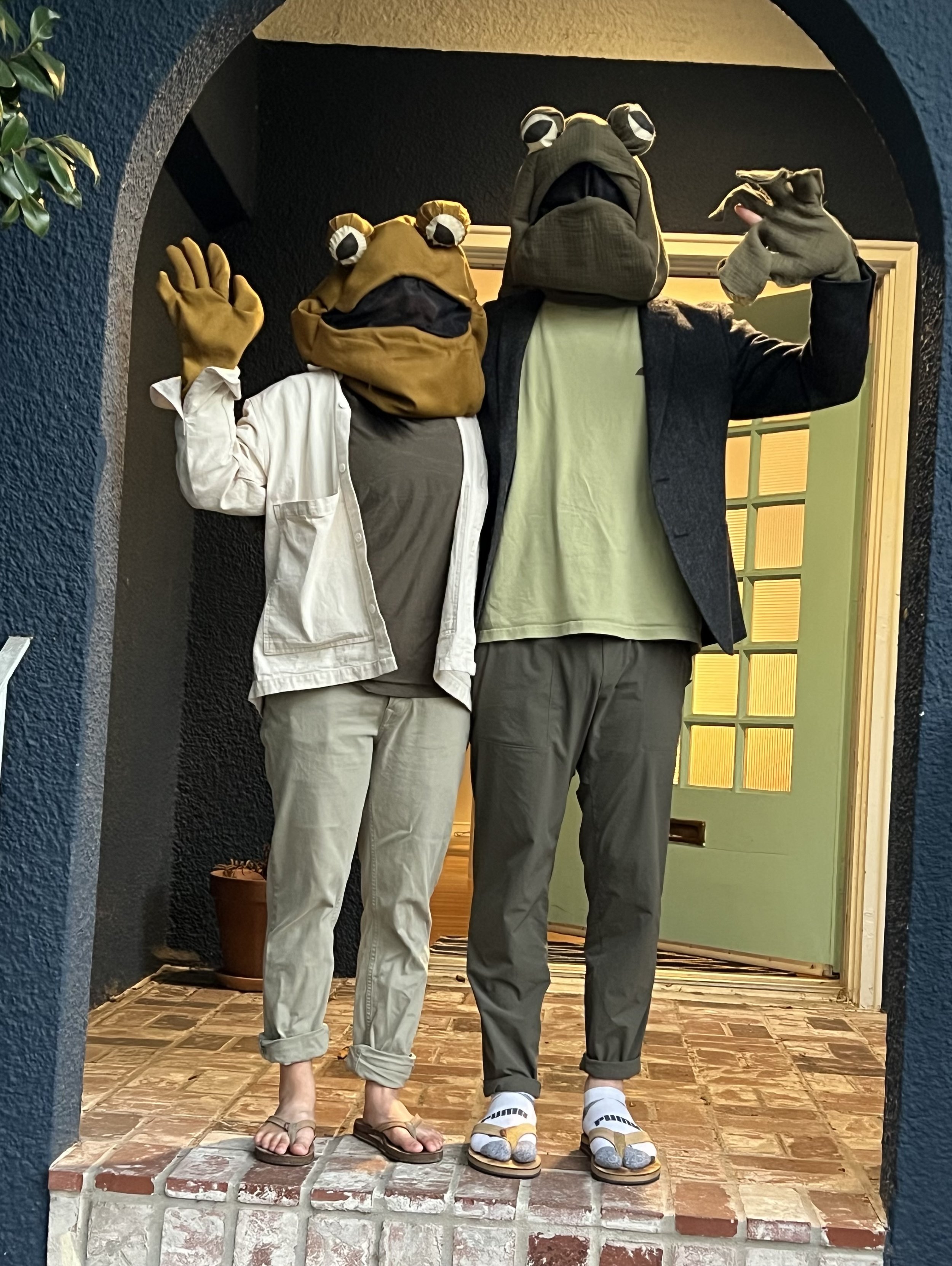  Brittney Nguyen    Frog and Toad (go trick-or-treating) , 2025  Fabric   Description:  I made Frog and Toad costumes - of the Frog and Toad series of books. Frog is a frog. 