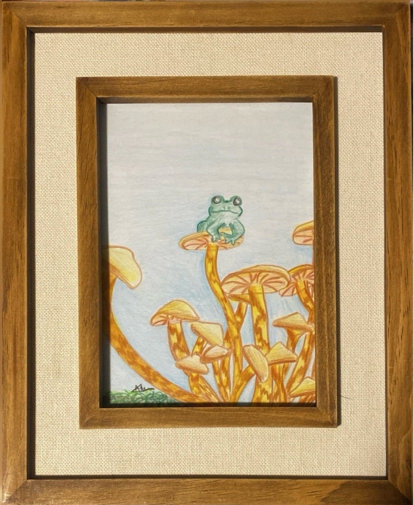   Abhiniti Moola    Mushroom frog , 2026  Color pencil on canvas paper   Description:  Color pencil drawing of a little frog sitting on some mushrooms. I had seen a picture of a real frog in a similar pose and wanted to recreate that picture in my st
