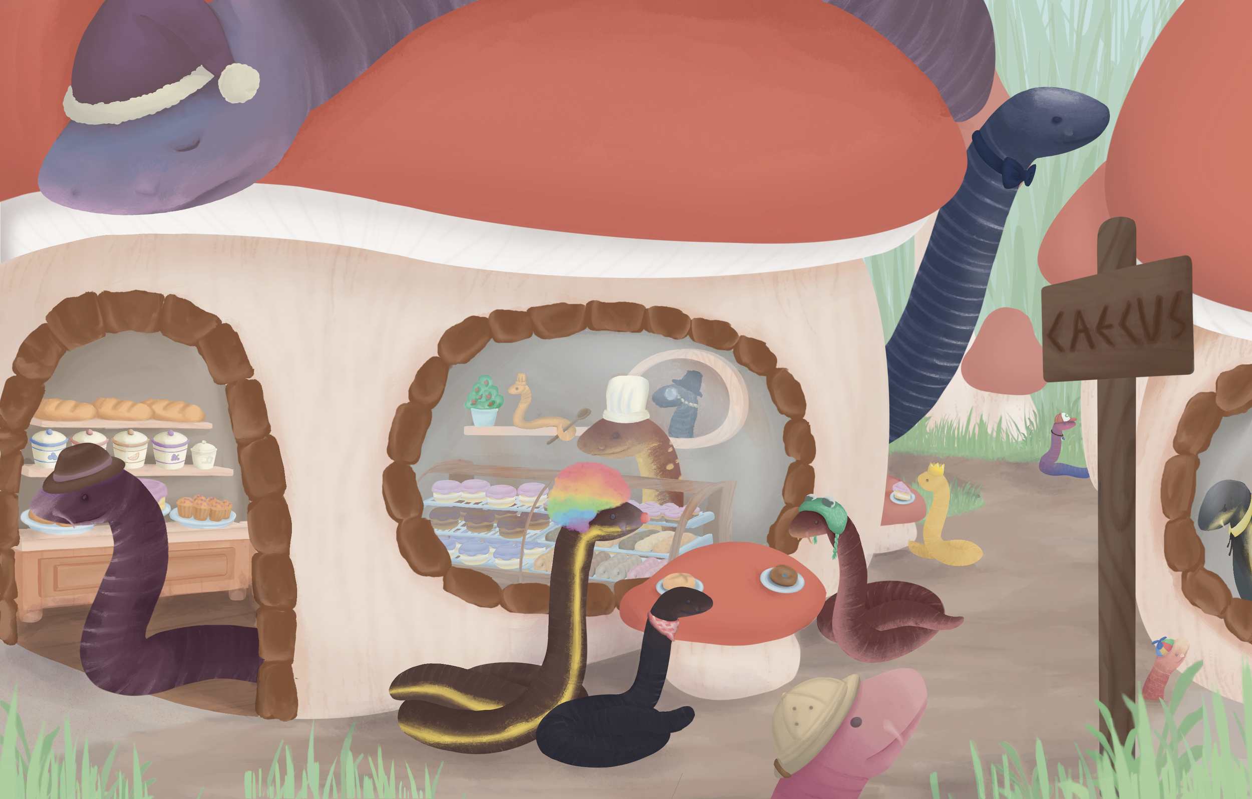   Hong Nguyen    A Caesillyian’s Day Out , 2026  Digital art   Description:  This is an ode to my love for caecilians, as I learned about them in AmphibiaWeb during my time at Berkeley. They’re beautiful creatures and I’ve featured 12 species in my p