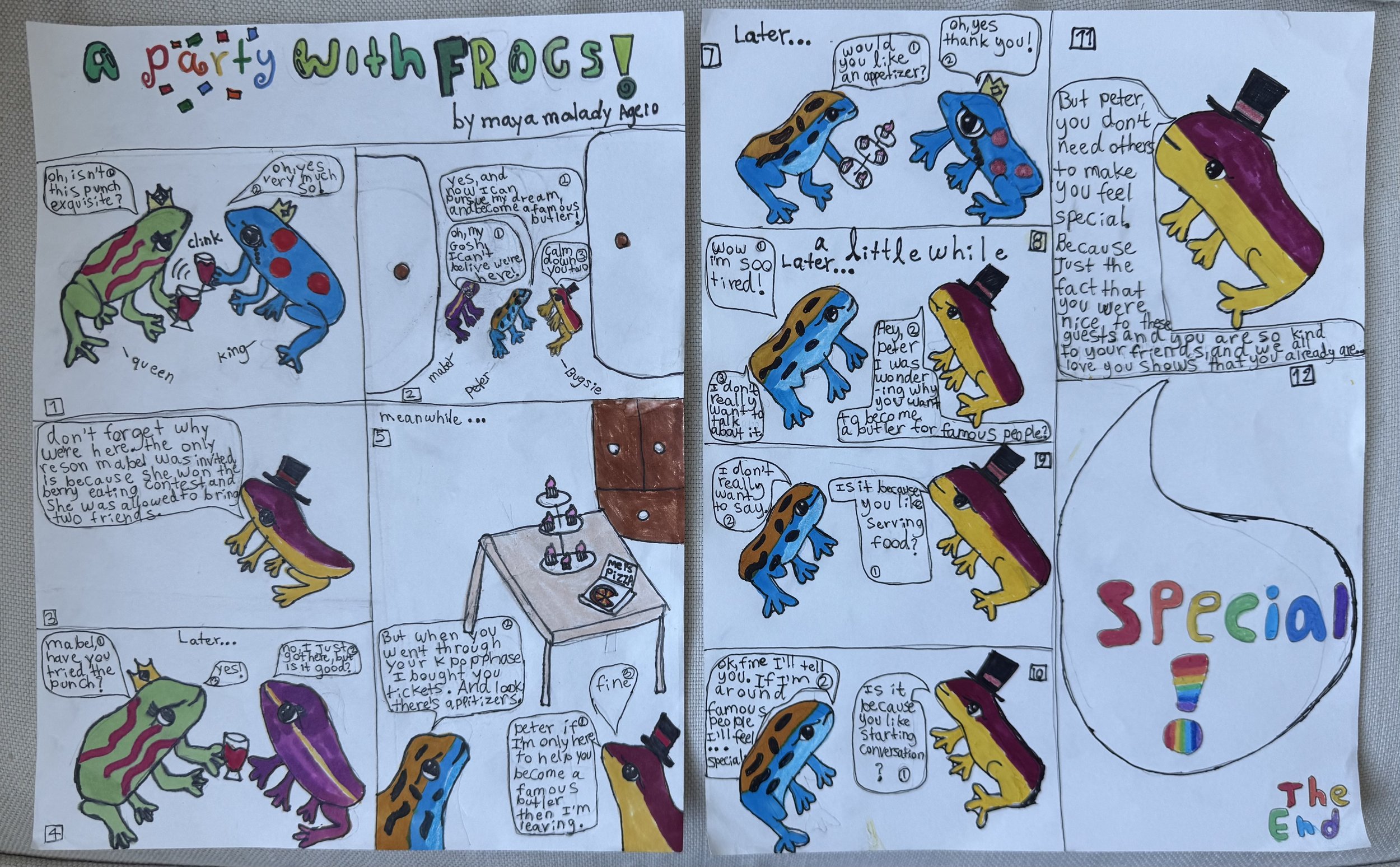   Maya  (10 years old)   A Party With Frogs! , 2026  Markers &amp; paper   Description:  Maya loves frogs and was inspired by the Frog Fest to create an art project/comic about frogs and friendship. Her idea was about a frog that wanted more than any