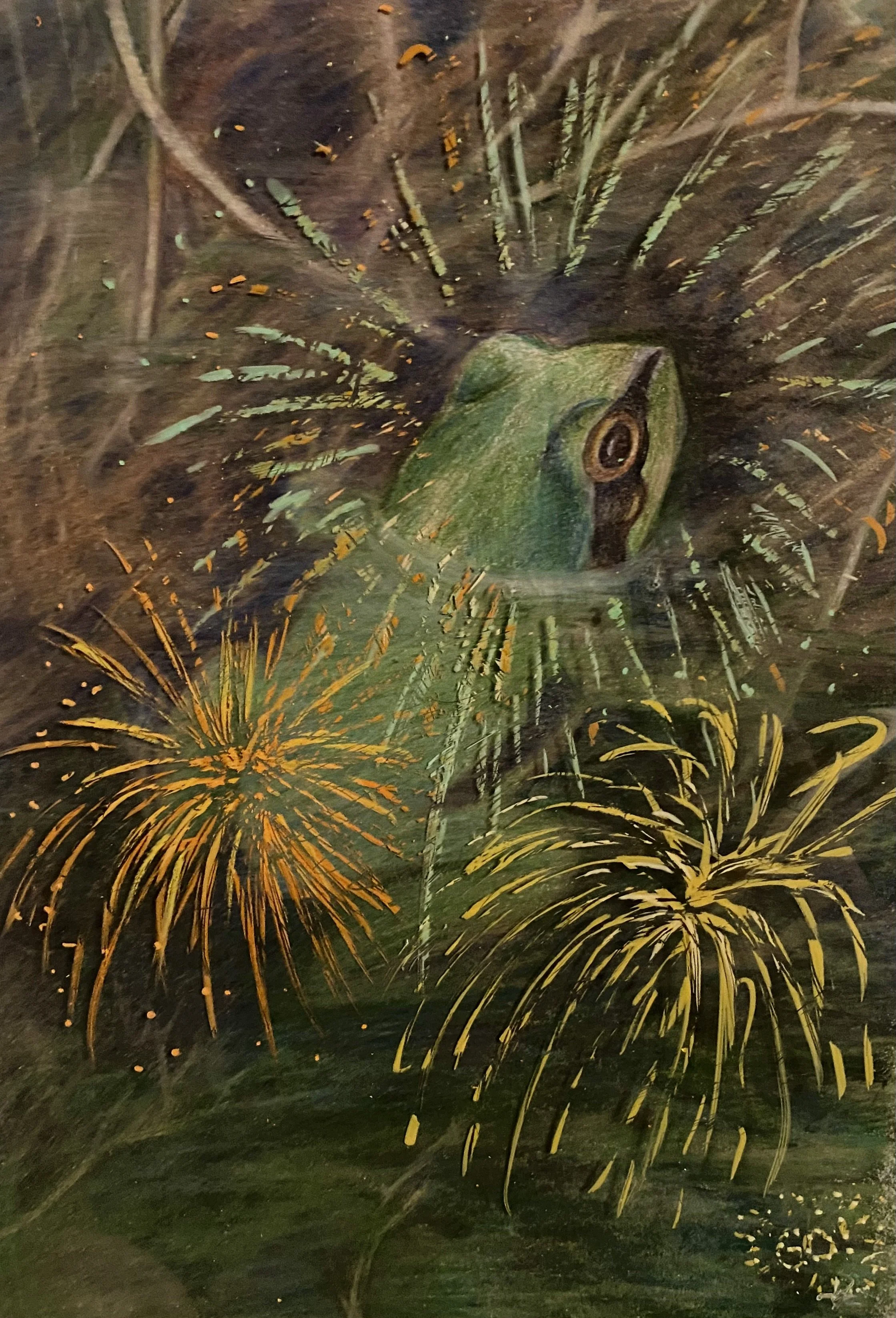   Gladys Ochoa    Summer Chorus , 2026  Colored pencil with acrylic markers   Description:  During my time in Sacramento for the State Fair, the frogs living in the canal would always fill the night with their chorus. I never got to see one but I’d l
