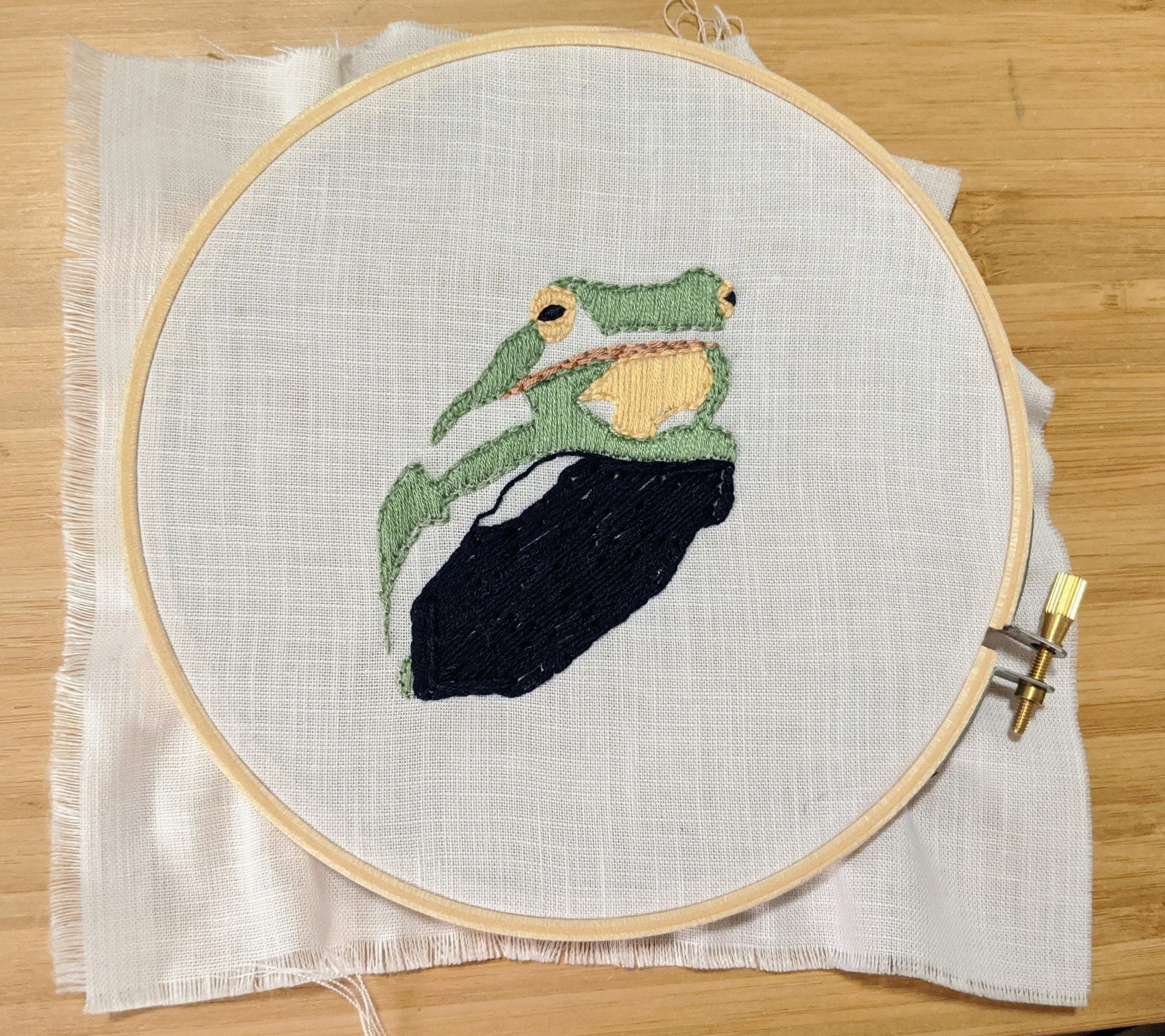   Ami Mehta    Frog on a Windshield , 2020  Embroidery floss on fabric   Description:  It's a frog on a windshield. Just living its life.   Artist background:  Fiber artist &amp; frog lover 