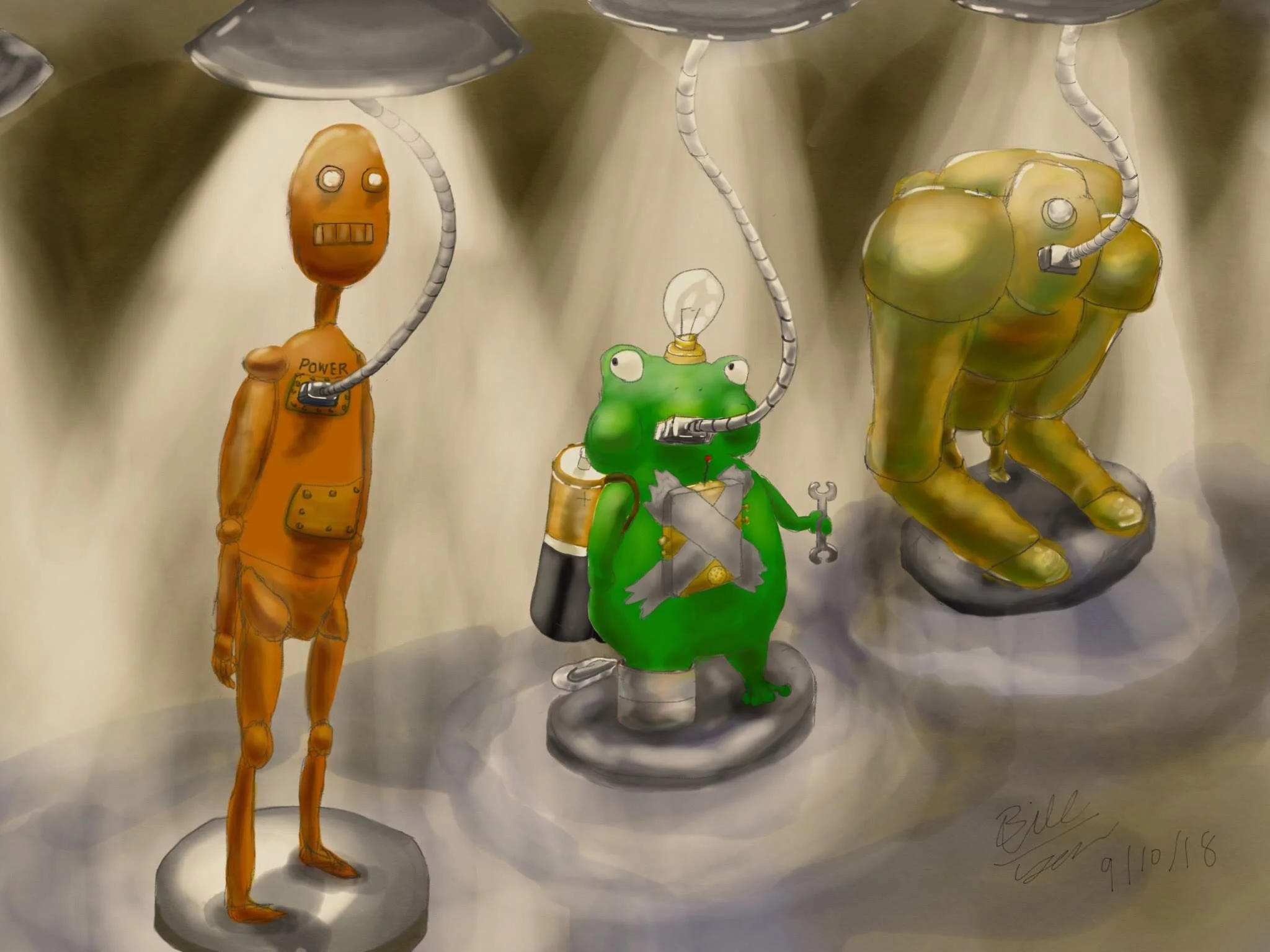   Bill Yen    Imitation 2 , 2016  Procreate on iPad   Description:  A frog in an industrialized world.   Artist background:  My art portfolio can be found on here:  https://photos.app.goo.gl/5v99VyWBUHAcq2Ub9  