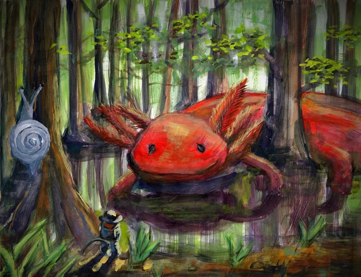   Bill Yen    Master of the Pond , 2018  Gouache on paper   Description:  Sometimes a little stroll brings big surprises. Axolotl takes up this part of the pond but there's always room for visitors.   Artist background:  My art portfolio can be found