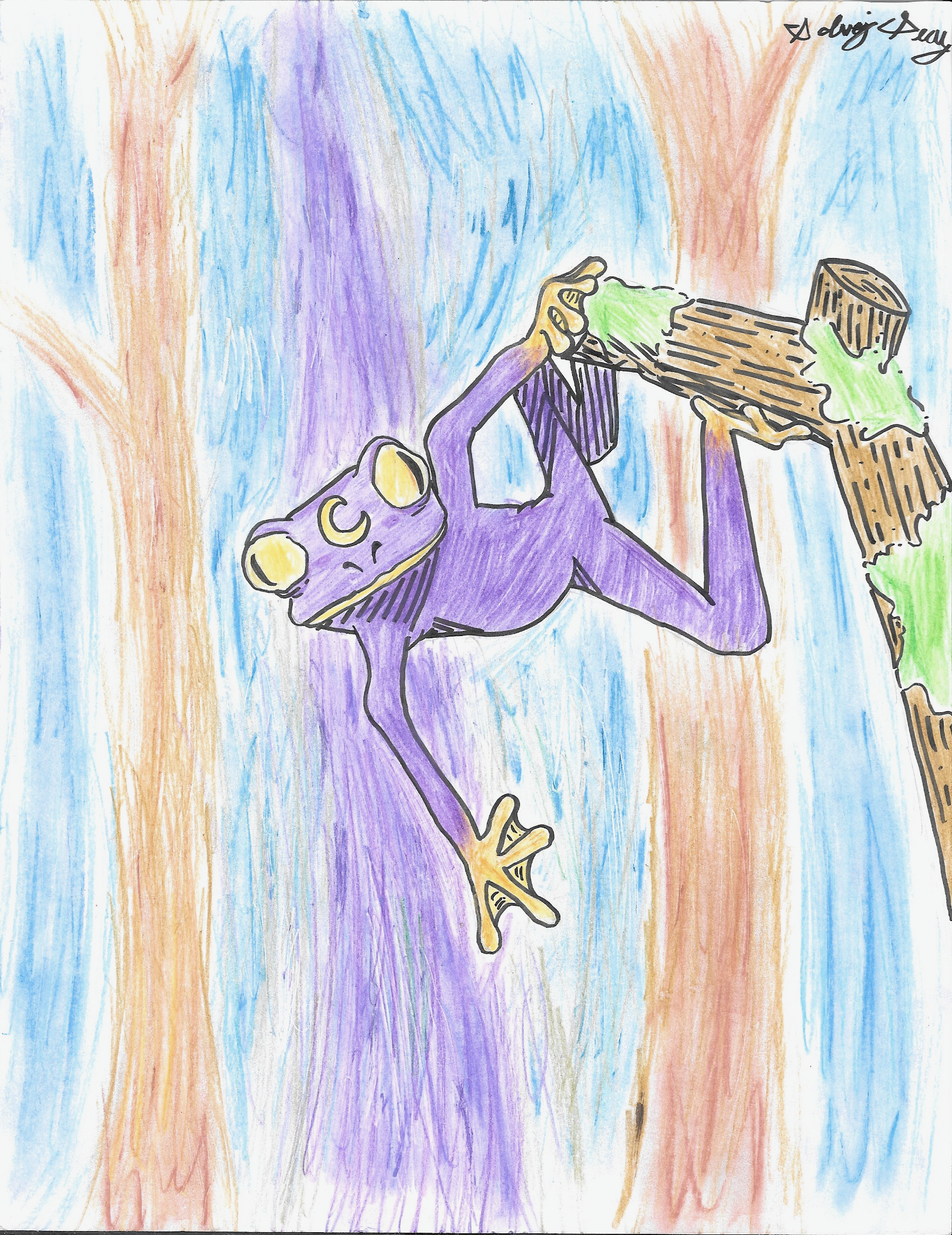   Solvej  (10 years old)   Moonlick Frog , 2026  Pastels, colored pencils, and inks.   Description:  The drawing is supposed to look like a moonlike frog, hence the moon pallets and marks. 