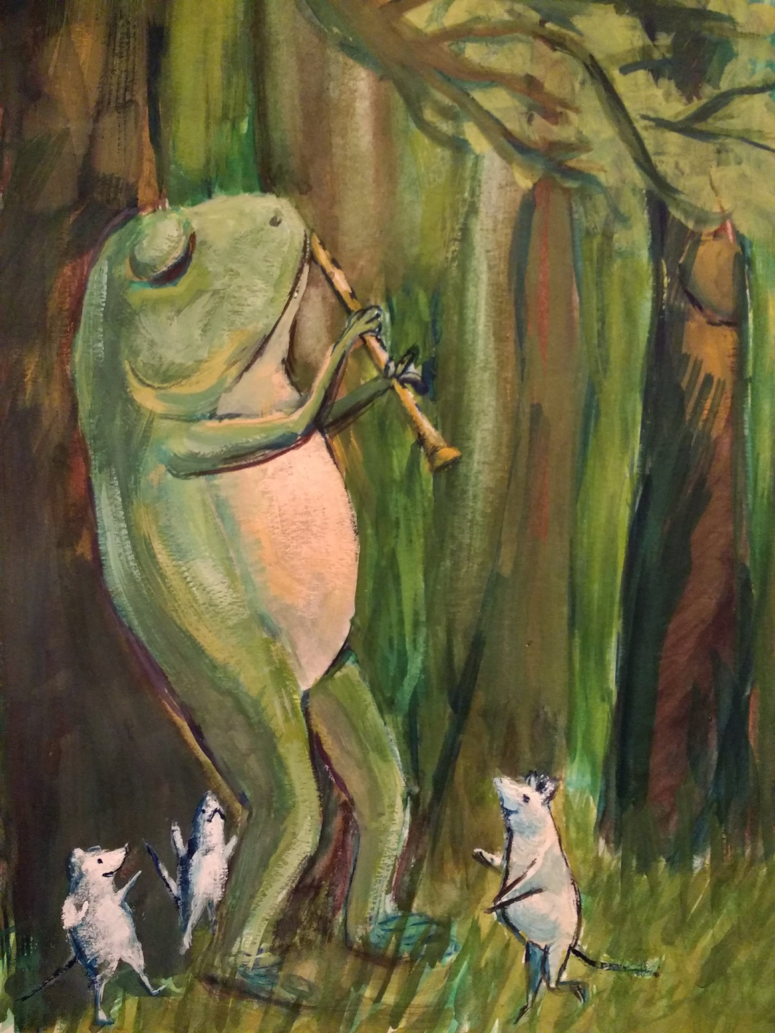   Bill Yen    Woodland Lyricism , 2018  Gouache on paper   Description:  Frog playing a flute for his forest friends.   Artist background:  My art portfolio can be found on here:  https://photos.app.goo.gl/5v99VyWBUHAcq2Ub9  