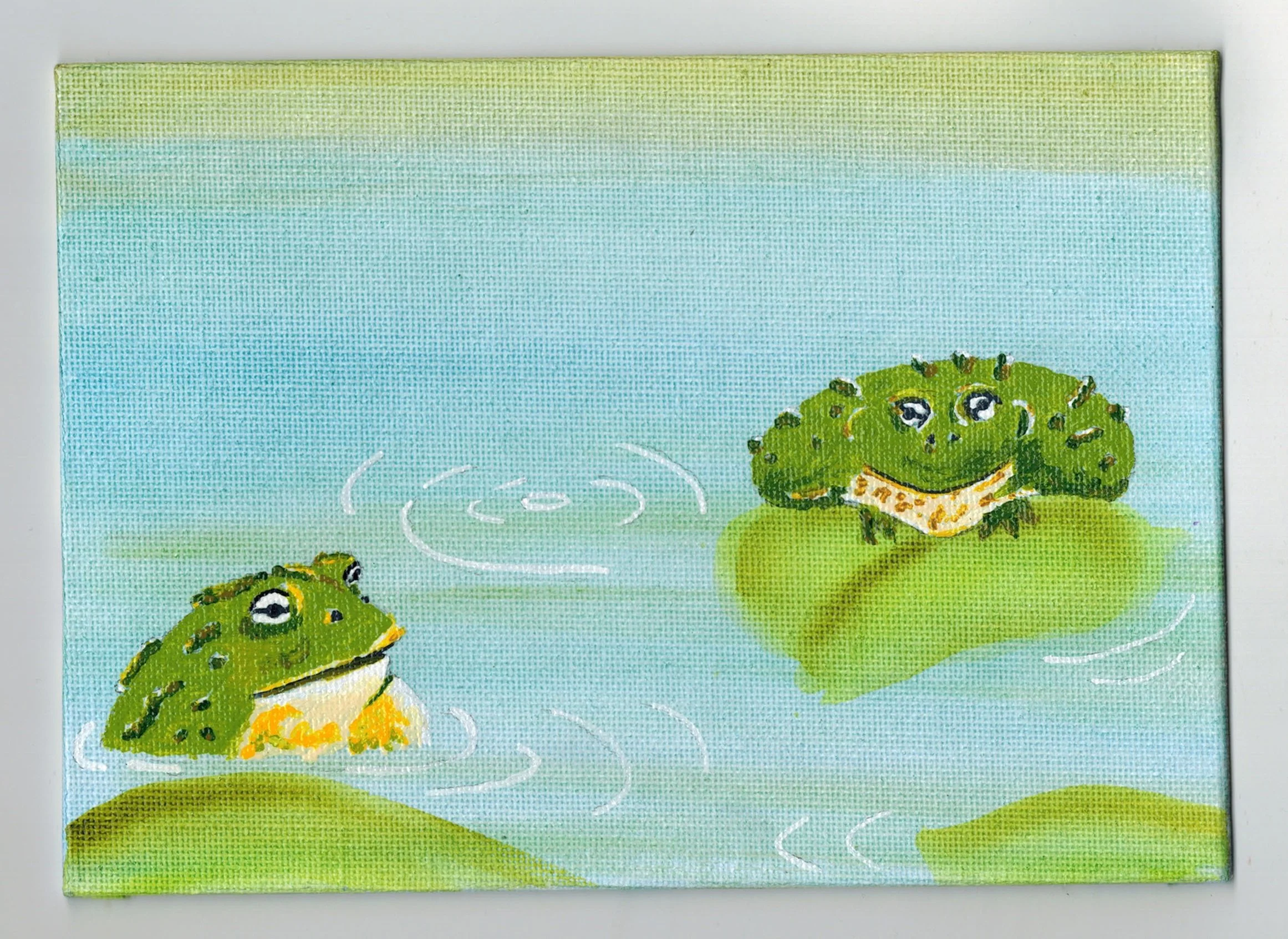   Sydny Fujita    Meet me at the pond , 2026  Acrylic and watercolor painting   Description:  Two African bullfrogs meeting at the local pond. The male is going to take very good care of their eggs/tadpoles 