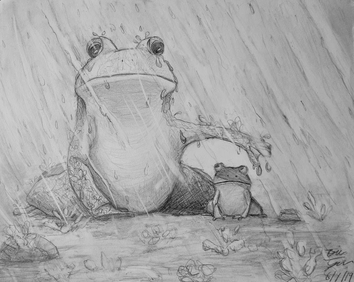   Bill Yen    Rainy Day , 2019  Pencil on paper   Description:  Everyone needs a hand now and then, even frogs.   Artist background:  My art portfolio can be found on here:  https://photos.app.goo.gl/5v99VyWBUHAcq2Ub9  