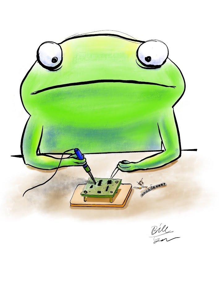   Bill Yen    Another Day Another Dime , 2026  Procreate on iPad   Description:  This piece shows the mundane life of an amphibious maker assembling a new circuit in hope to catch bugs.   Artist background:  My art portfolio can be found on here:  ht