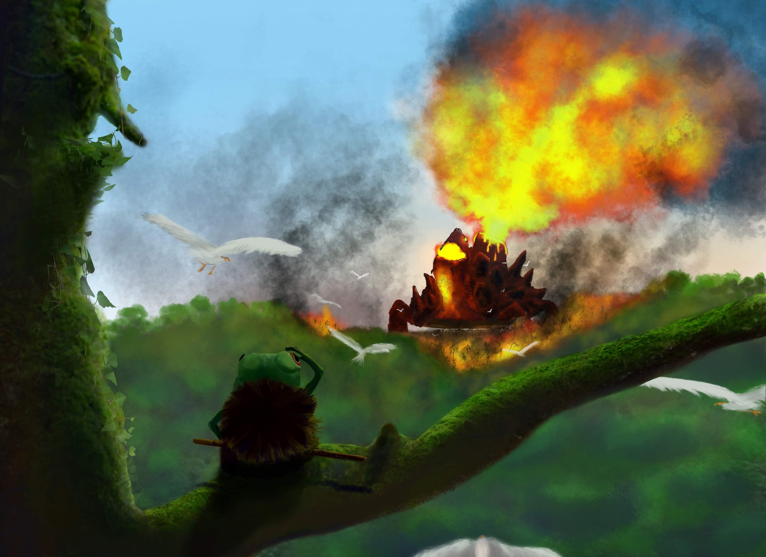   Bill Yen    Spirit Turtle Incoming , 2019  Procreate on iPad   Description:  Ultimate clash between reptile and amphibian. Fire and earth. Good versus evil. The end is here.   Artist background:  My art portfolio can be found on here:  https://phot