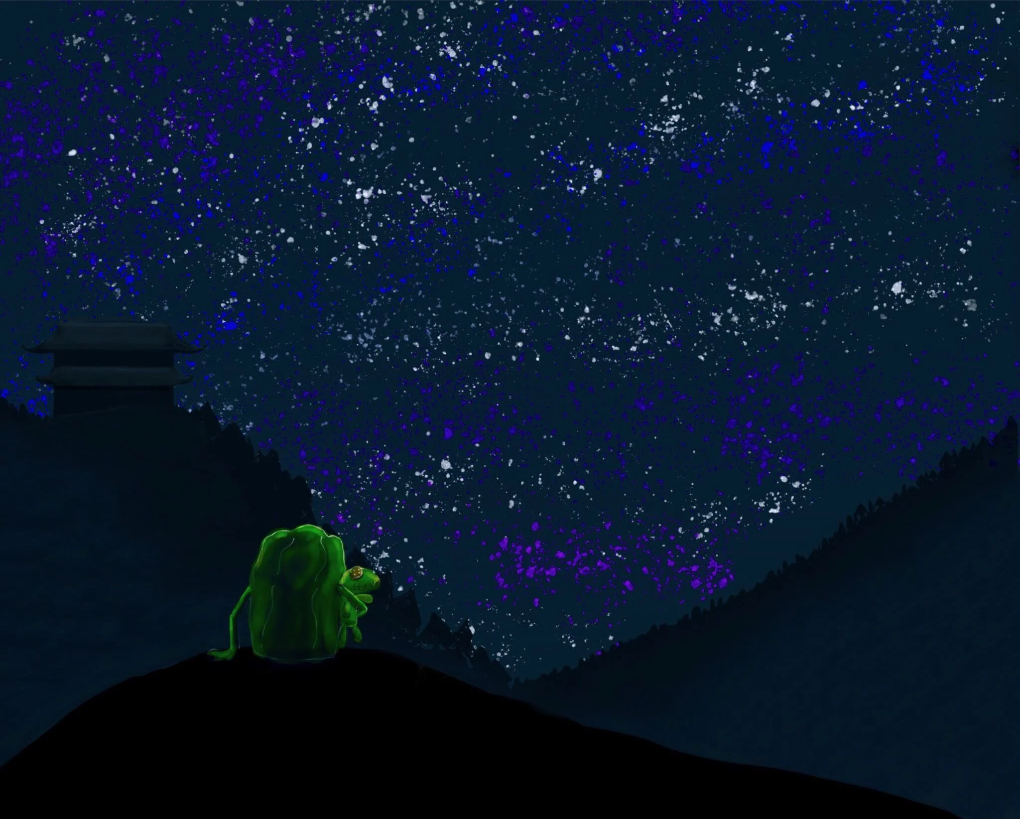   Bill Yen    Starry Night , 2019  Procreate on iPad   Description:  Ever wonder why frogs come out at night? For snuggles and the stars. Scientifically accurate.   Artist background:  My art portfolio can be found on here:  https://photos.app.goo.gl