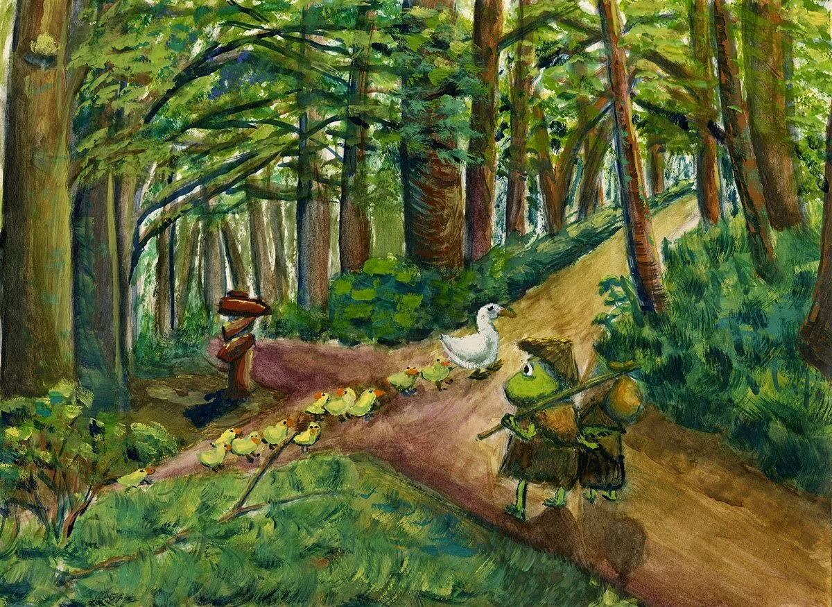   Bill Yen    Traffic , 2016  Gouache on paper   Description:  Traffic is everywhere, even where are no cars. This parent is coming back from take your frog to work day.   Artist background:  My art portfolio can be found on here:  https://photos.app