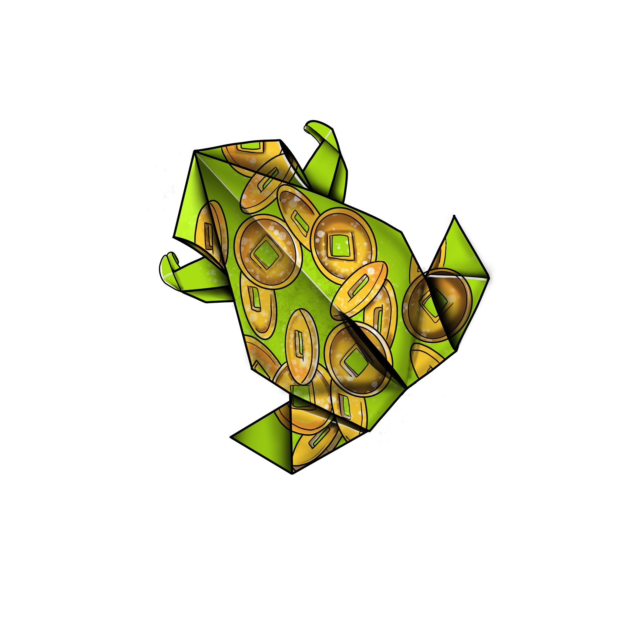   Justin pantaleon    Origami Money frog , 2026  Framed digital art print   Description:  Origami frog, with money coins. 