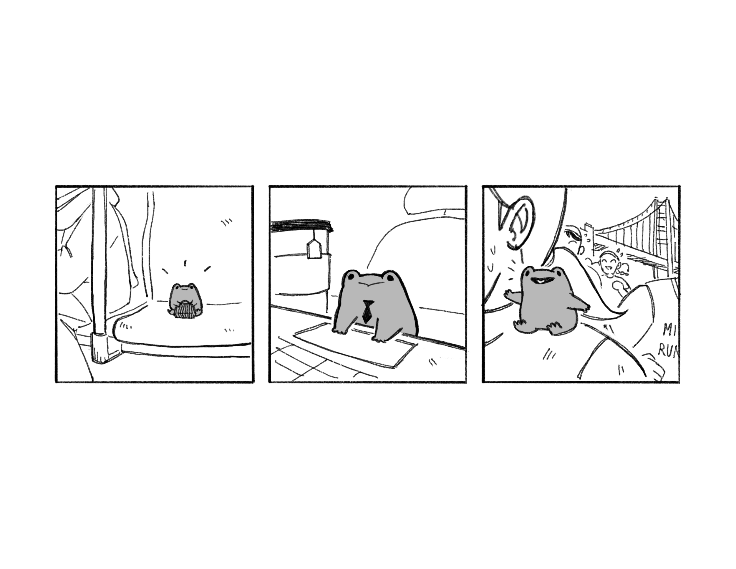   Katie Nguyen    Life of a Working Frog in the City , 2026  Digital art (procreate)   Description:  Many frog species had to adapt or shrink in population due to the city taking over their natural habitat. This is a fictional “best case scenario” of