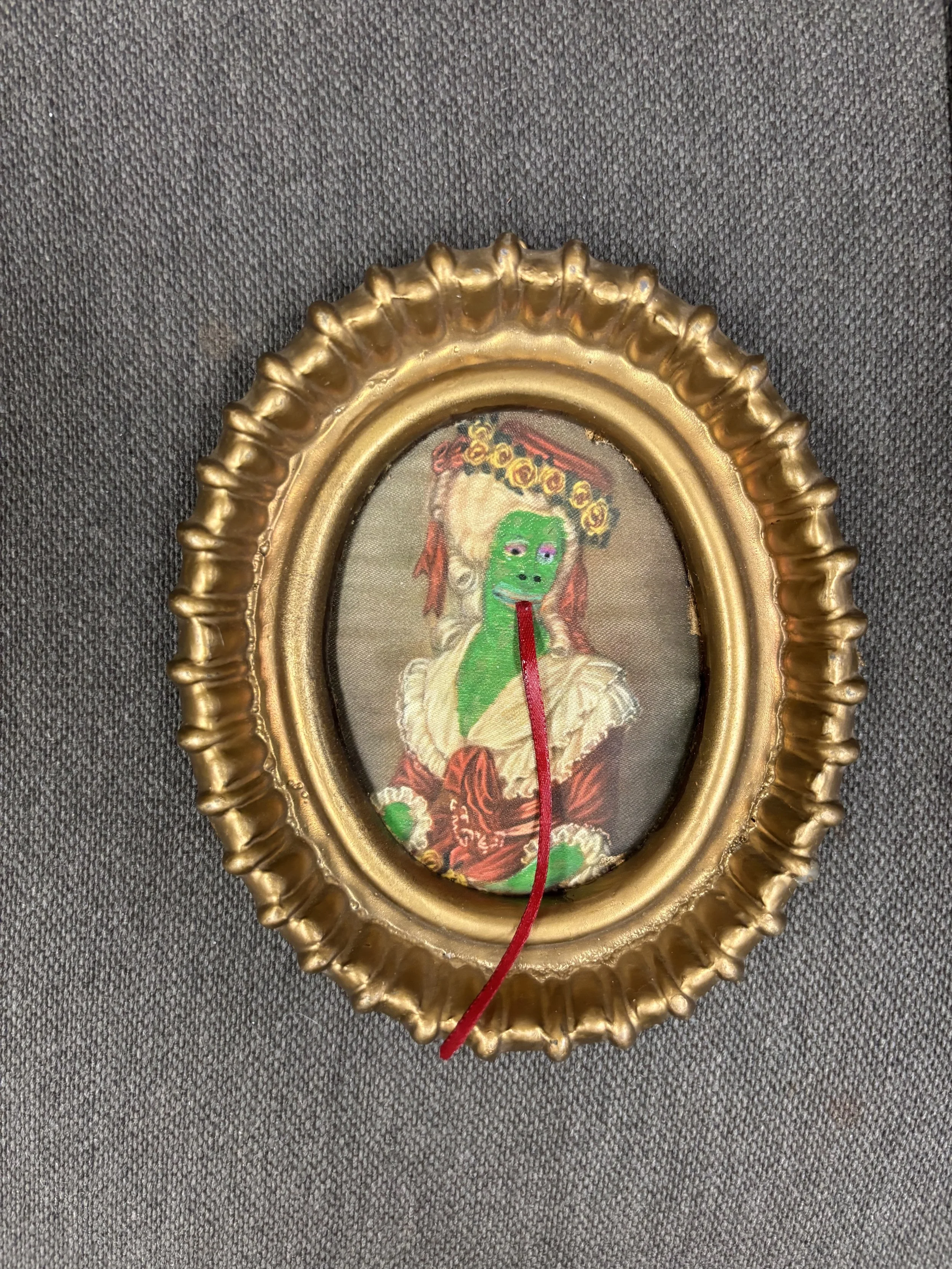   Marko Yamagata    The Baroness Frederica von Froggendorf,  One of 8 works made in August 2026. They fresh.  Acrylic markers on framed print (one has a piece of red ribbon for a protruding tongue)   Description:  These works represent an exploration