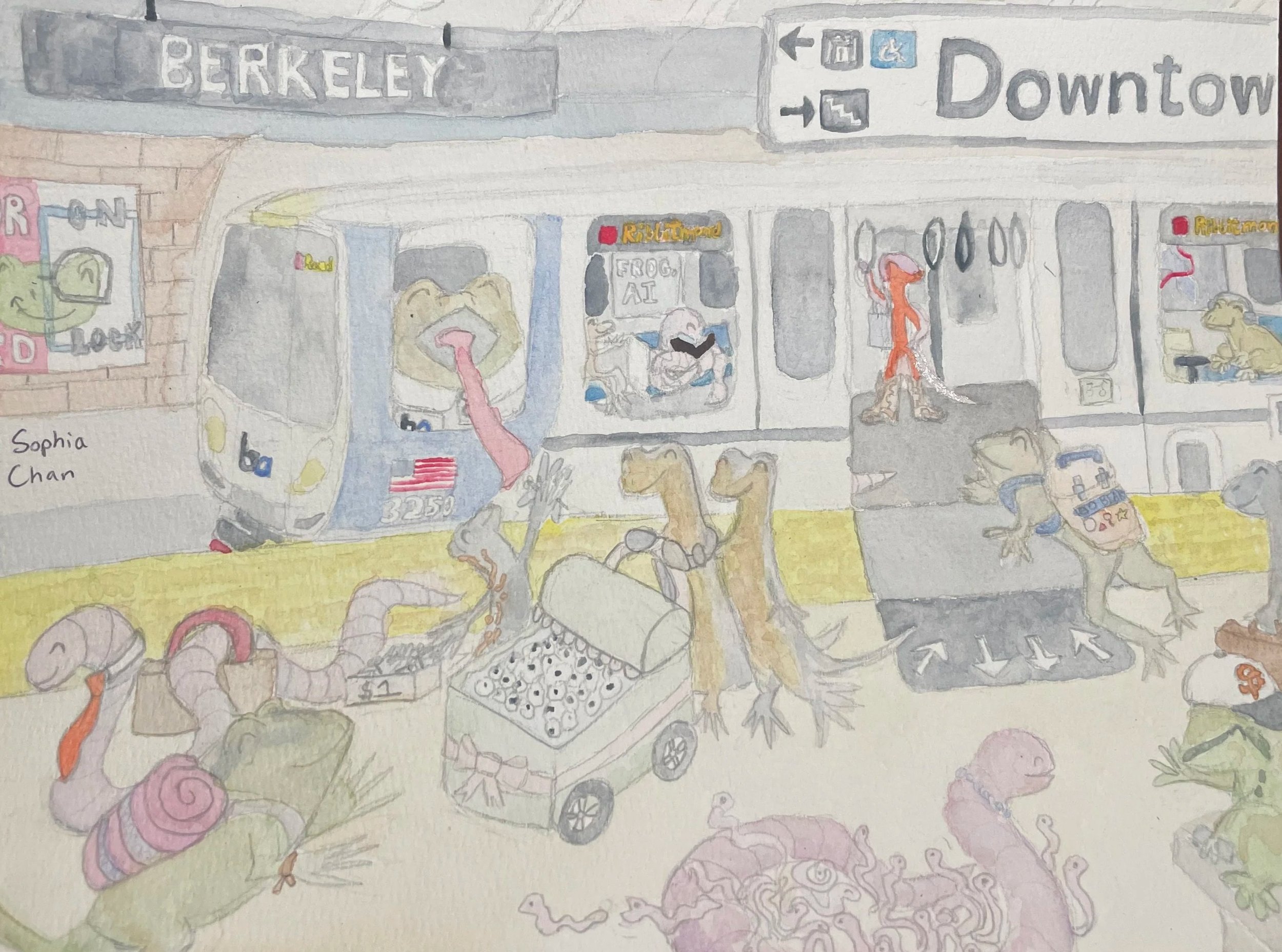   Sophia Chan    Bay Amphibian Rapid Transit (BART) , 2026  Pencil, paper, watercolor   Description:  “Now boarding at: Downtown Berkeley. This is a red line train to: Ribbitmond.” is how I imagine the overhead announcement at this Bay Amphibian Rapi
