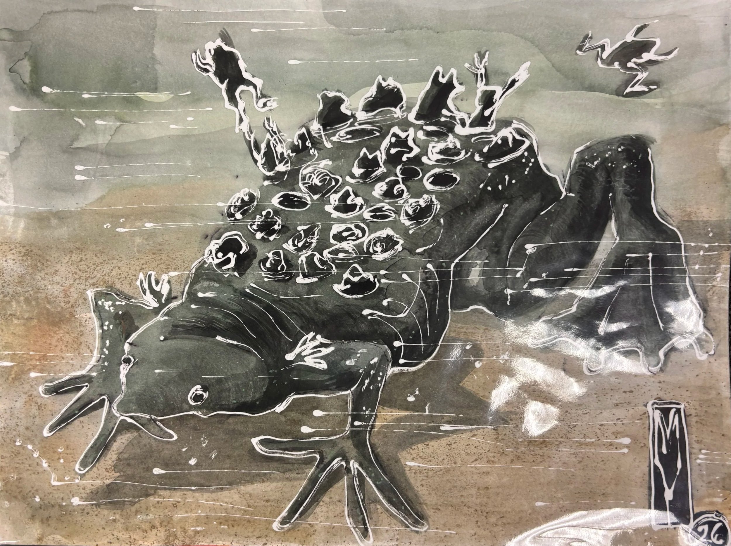   Marko Yamagata    Surinam Toad (a.k.a. Pipa Pipa),  One of 8 works made in August 2026. They fresh.  Gouache paint with rubber cement resist in the plastic sheets   Description:  These works represent an exploration of the physical flexibility and 