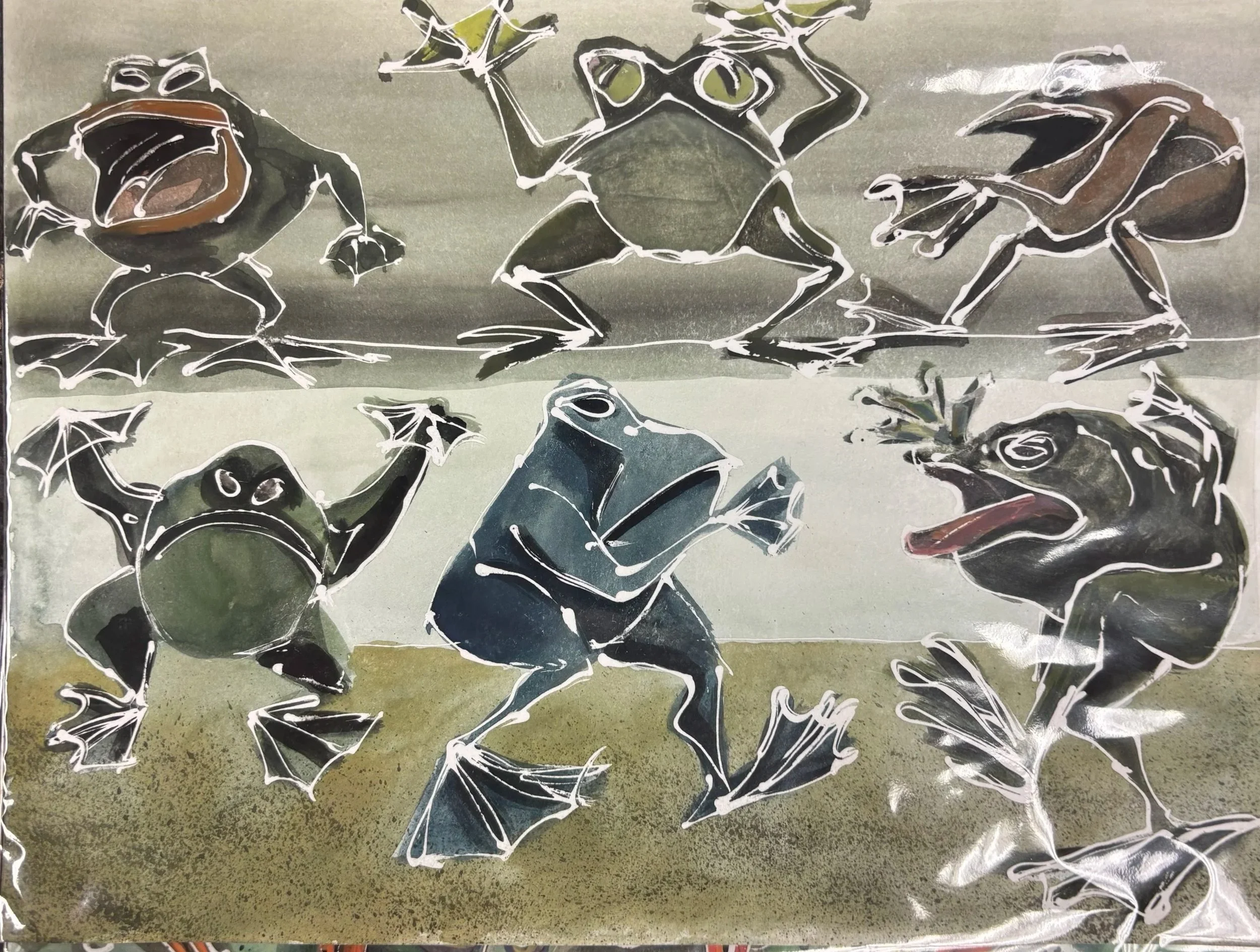   Marko Yamagata    Frog Fight,  One of 8 works made in August 2026. They fresh.  Gouache paint with rubber cement resist in the plastic sheets   Description:  These works represent an exploration of the physical flexibility and evolutionary adaptabi