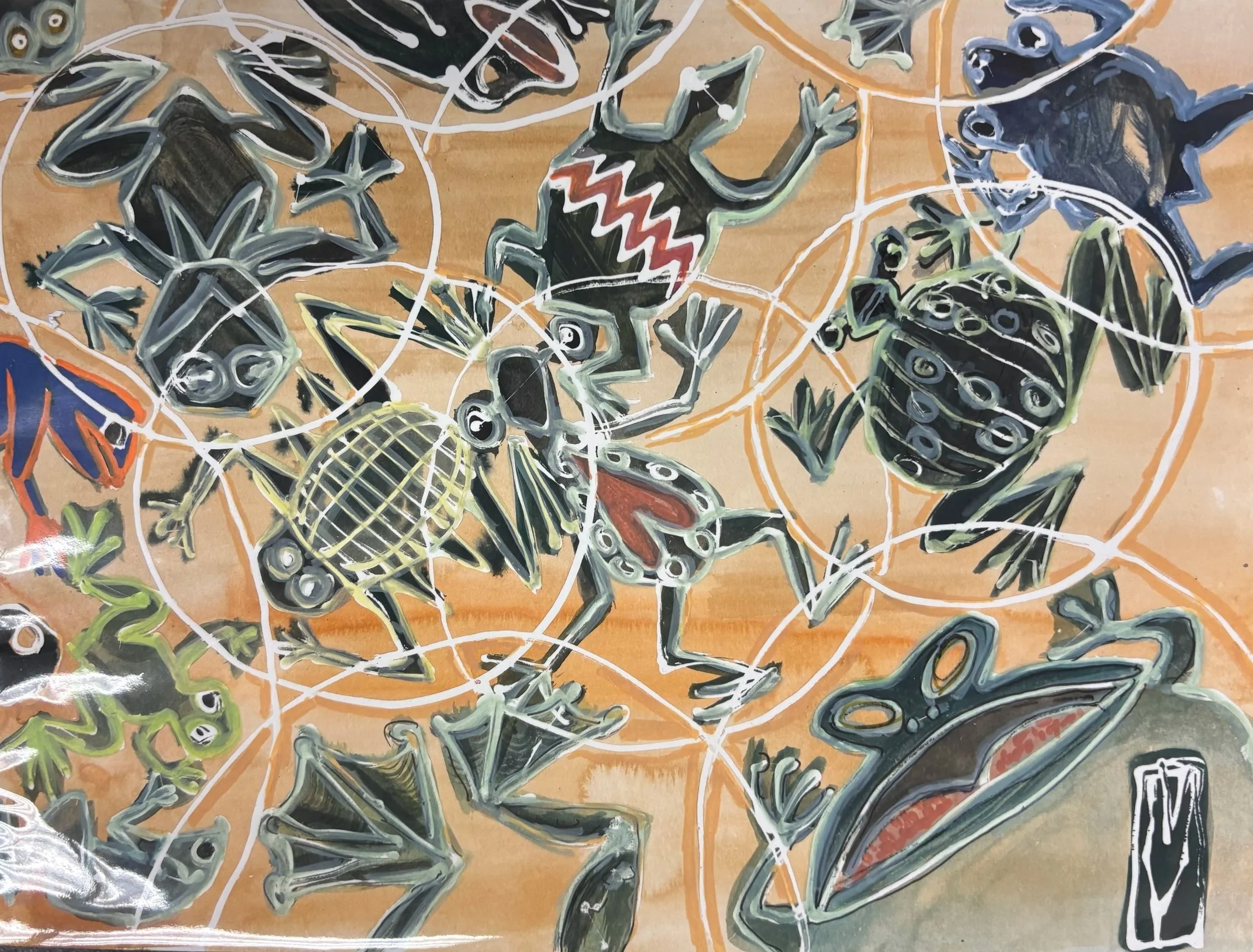   Marko Yamagata    Mimbres Menagerie,  One of 8 works made in August 2026. They fresh.  Gouache paint with rubber cement resist in the plastic sheets   Description:  These works represent an exploration of the physical flexibility and evolutionary a