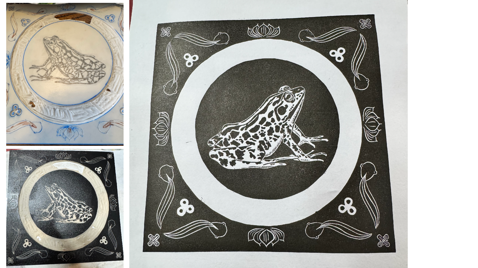   Melissa Steele-Ogus    The Frog Prints #1 , 2026. Finished it this morning!  Linoleum print   Description:  This leopard frog has one thing on his mind: reproduction. Encompassed by a giant frog egg, he dreams of his future tadpoles, surrounded by 