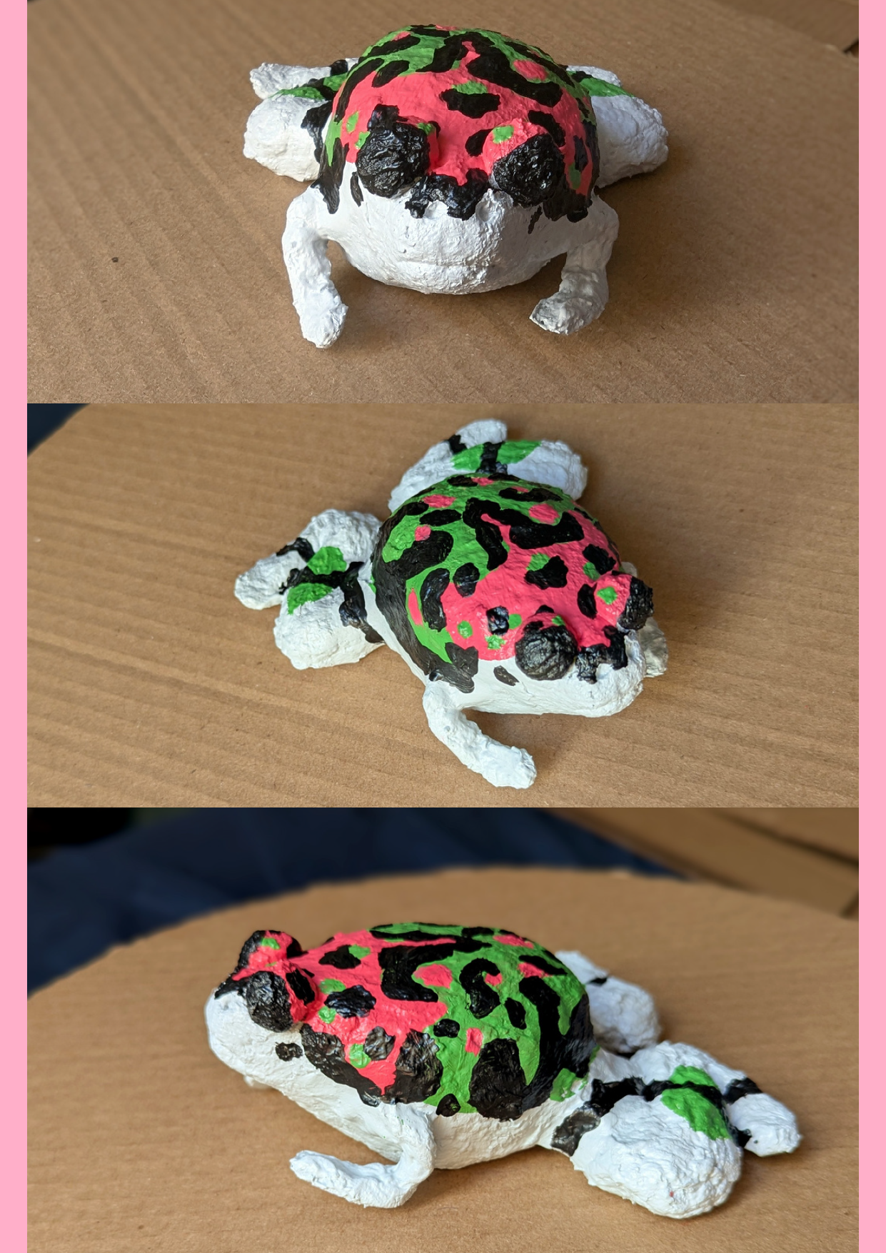   Sidney Bean    Ornate Hopper , 2026  Paper mache &amp; acrylic paint   Description:  This work represents the joy, diversity, and beauty of frogs.   Artist background:   instagram.com/sidneybeancreations  