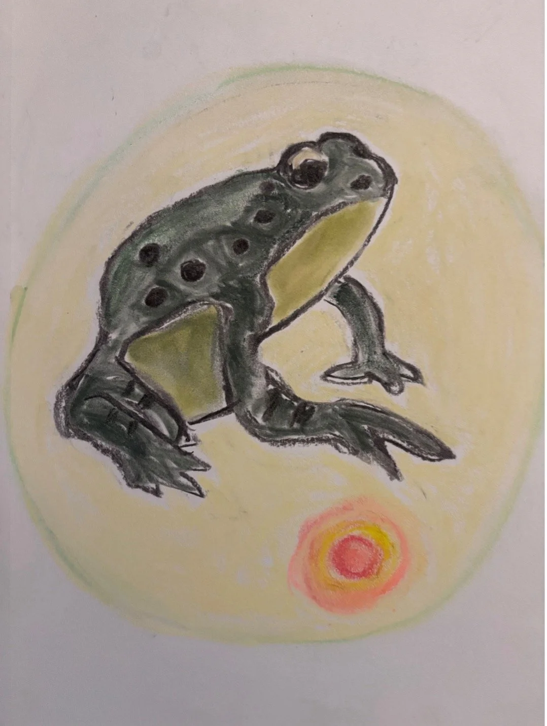   Laura Moriarty    Dream Frogs , 2025  Pastels   Description:  I dreamed of being a frog experiencing a live birth from a sack. As a child in Cape Cod I lived near a pond where there many frogs, tadpoles etc. The dream suggests transformation. After