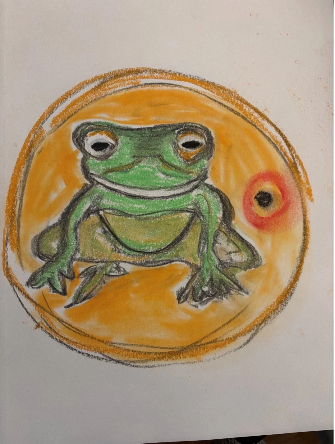   Laura Moriarty    Dream Frogs , 2025  Pastels   Description:  I dreamed of being a frog experiencing a live birth from a sack. As a child in Cape Cod I lived near a pond where there many frogs, tadpoles etc. The dream suggests transformation. After