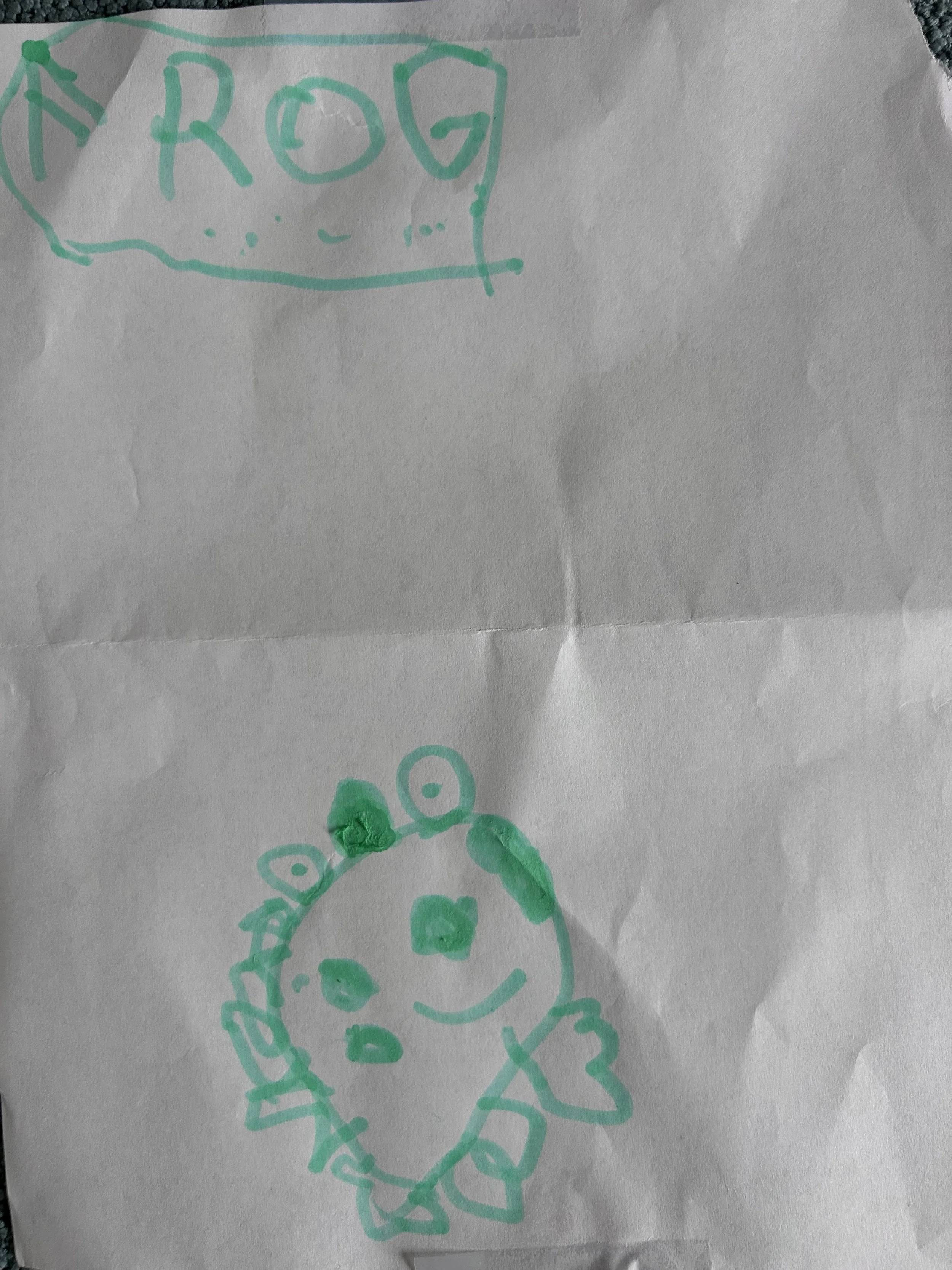   Maeve  (4 years old)   Untitled , 2026  Marker   Description:  This was the first time Maeve attempted to draw a frog. She was motivated to do so after she requested that I (her mother) draw a frog, and she was not satisfied with my rendering. 
