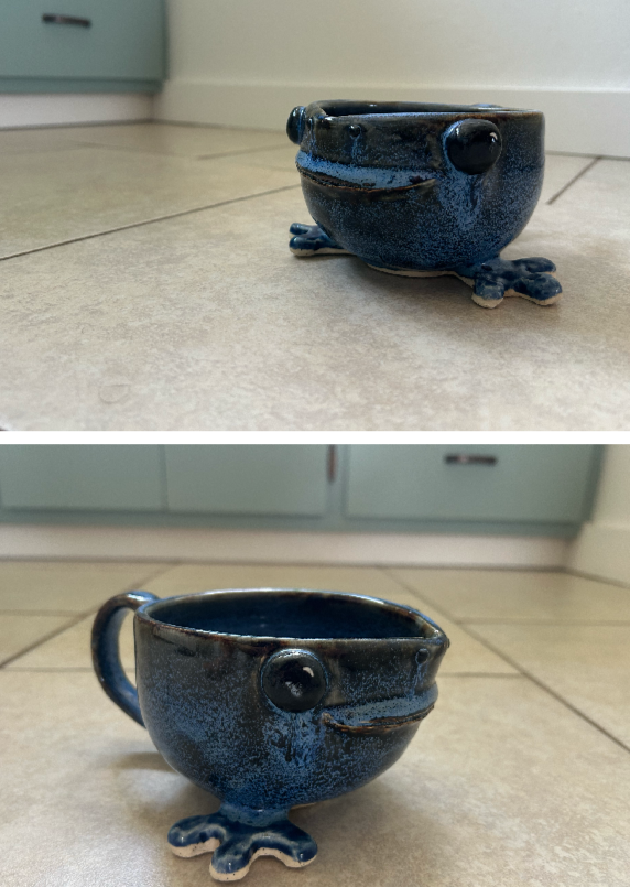   Jenna Sparks    Untitled , 2025  Ceramics   Description:  My frog mug is based on the blue poison dart frog. This frog is found in Suriname and Brazil in South America. Even though you can't eat this frog (poisonous), it's great for a cup o' joe in