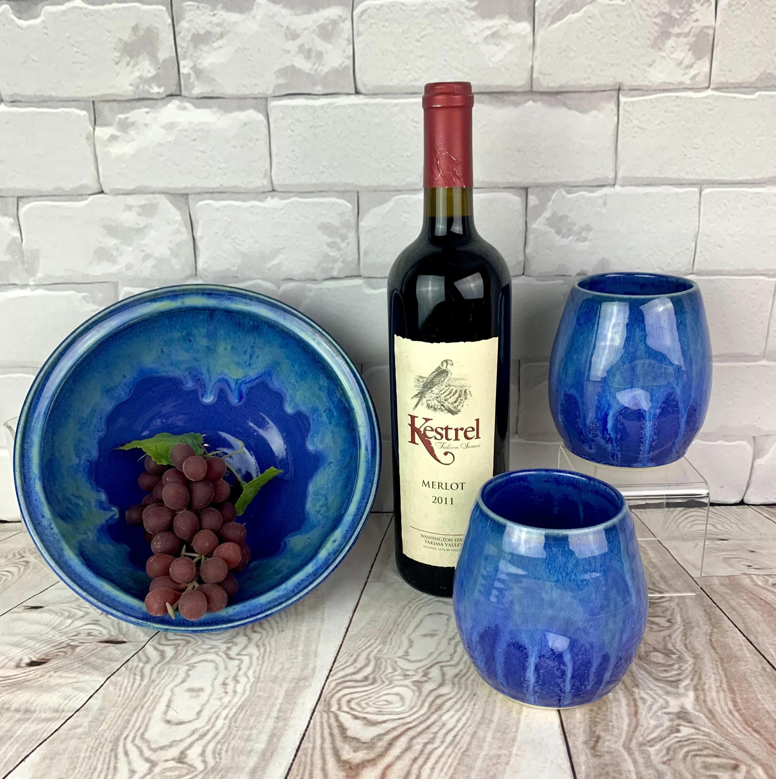 Wine Tumblers and Bowl in Blue World