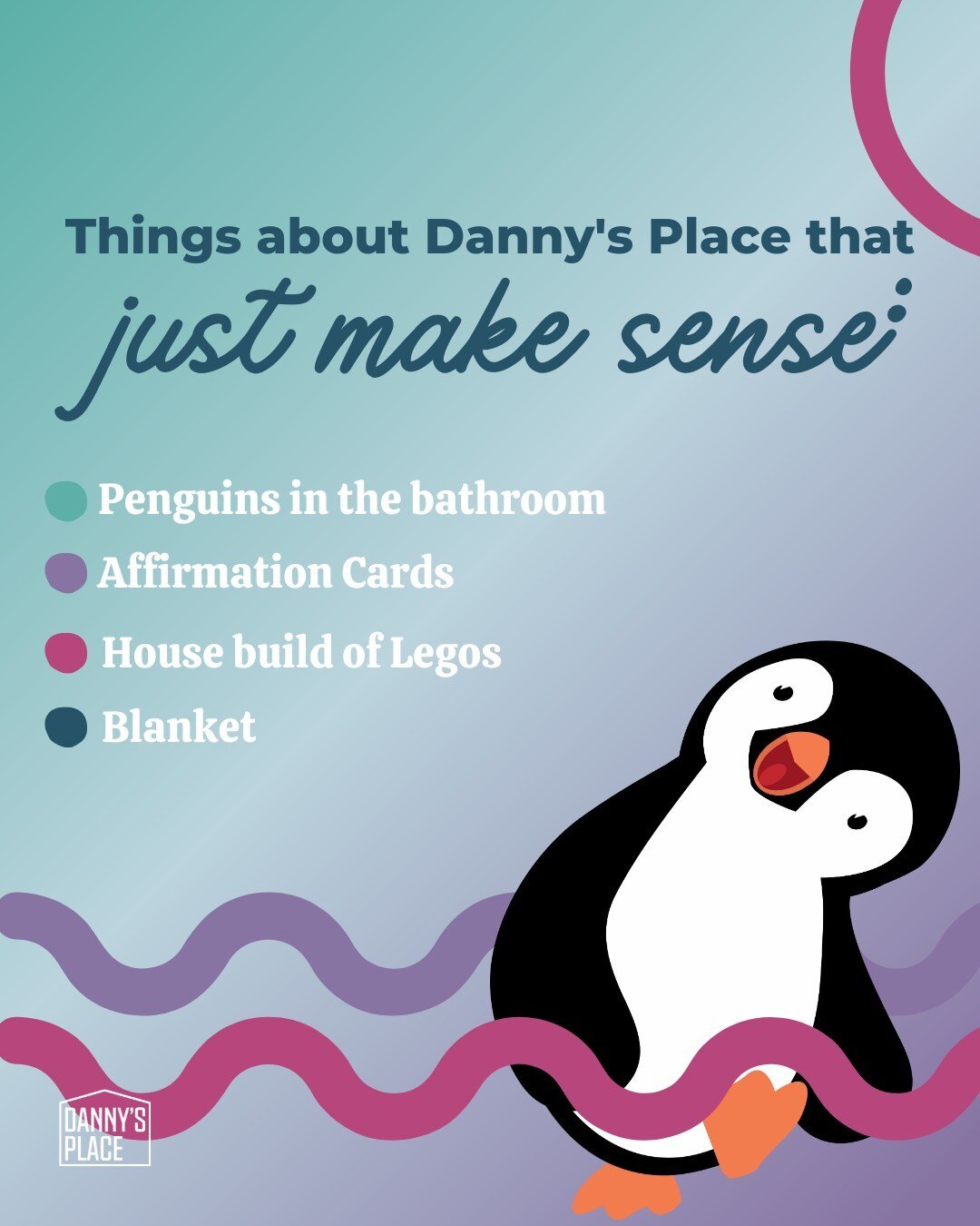 Things about Danny's Place that just make sense! 🐧

🐧 More than hundred penguins in the bathroom 🤭
✨ Packs of affirmation cards for the participants and for our staff!
🏠 House build of Legos (currently under construction bc it was well used this 