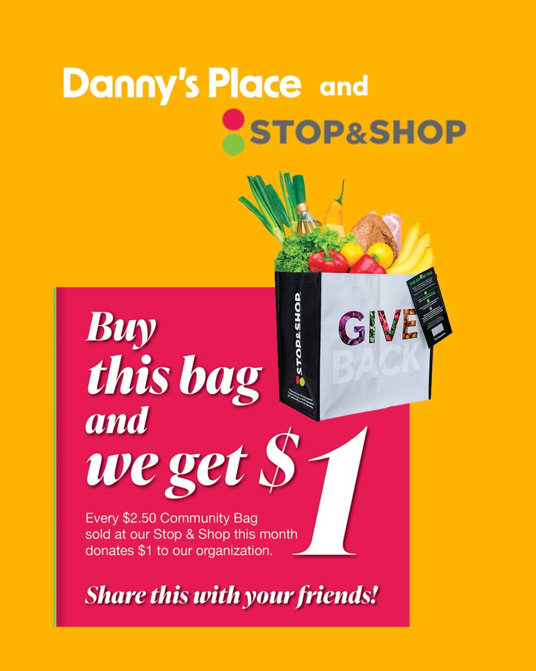 For every $2.50 Community Bag sold at Stop &amp; Shop in May, they will donate $1 to Danny's Place! 

Next time you are at Stop&amp;Shop, think about us! 🐧