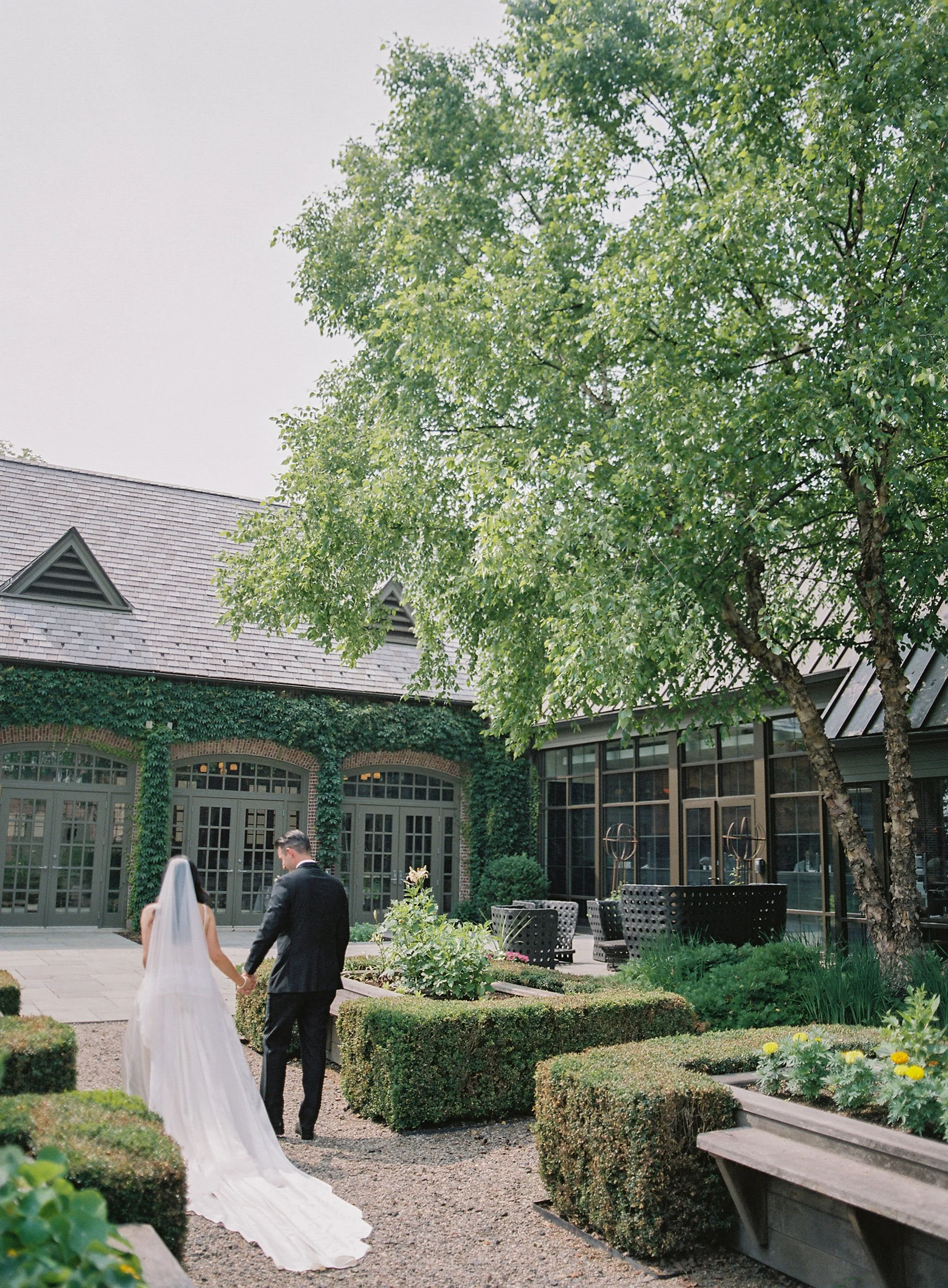 A bride and groom walking hand in hand in a garden courtyard, surrounded by hedges and greenery, with a large tree and a building with glass doors and windows in the background.