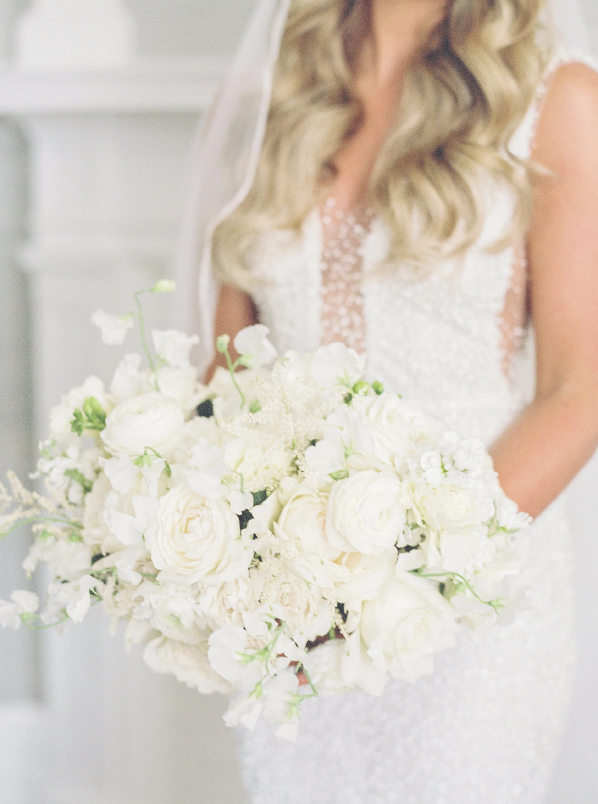 A bride holding a bouquet of white flowers, wearing a white wedding dress with lace details, and a veil, with blonde hair.