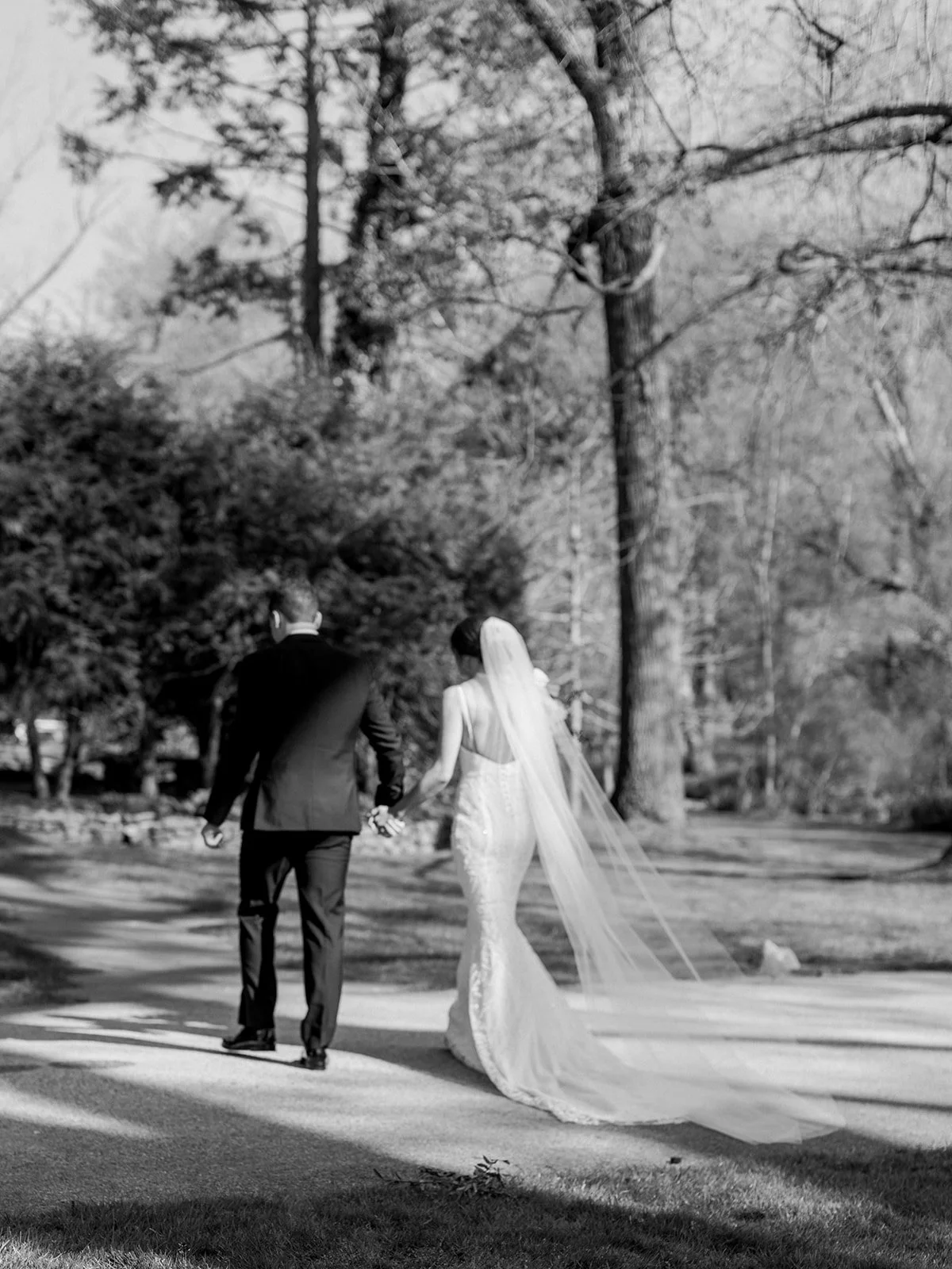 A bride and groom holding hands walking away on a shaded park path with trees in the background
